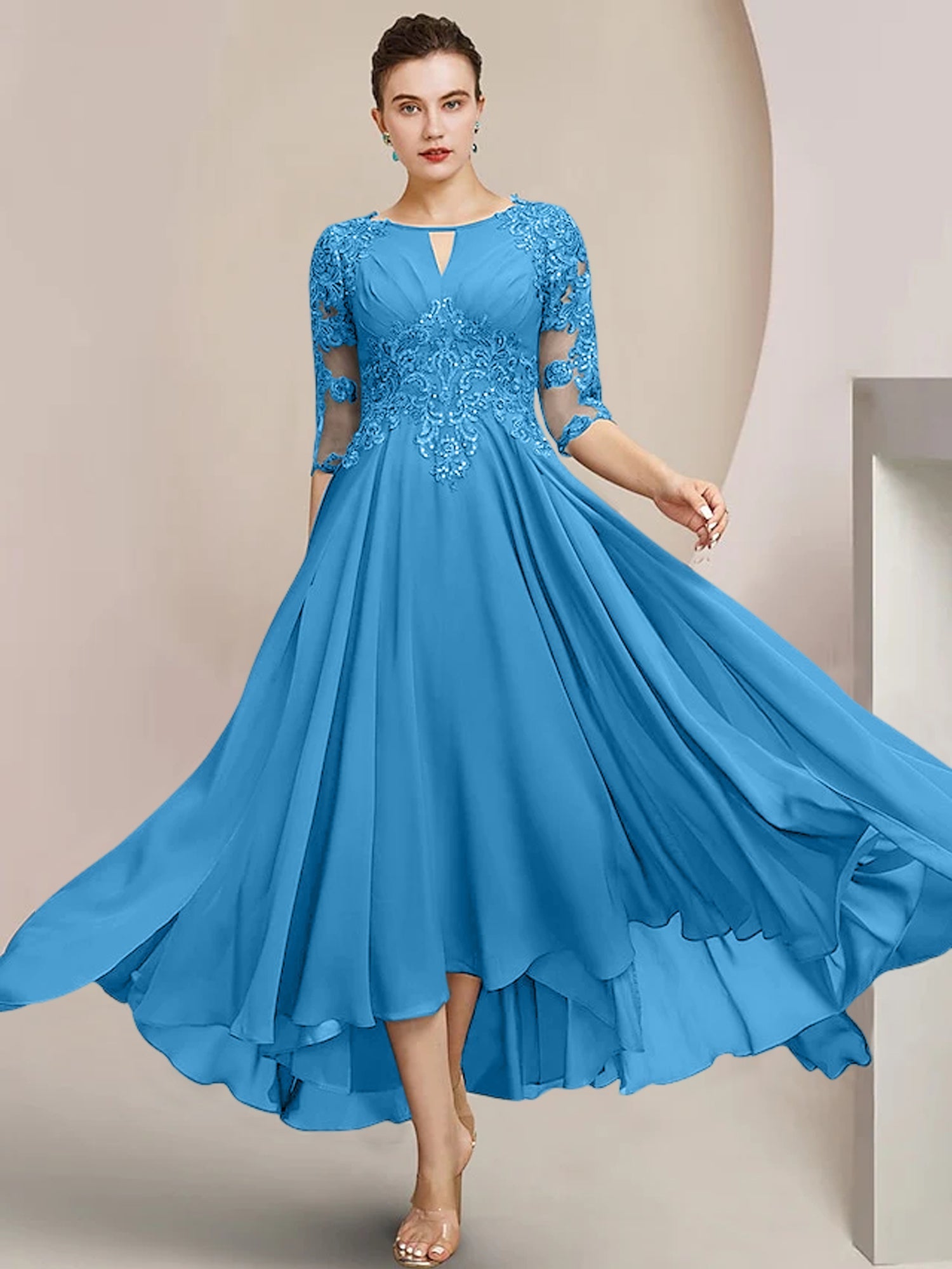 Vestidos de madre de la novia de corte A/princesa con escote redondo y largo hasta la rodilla