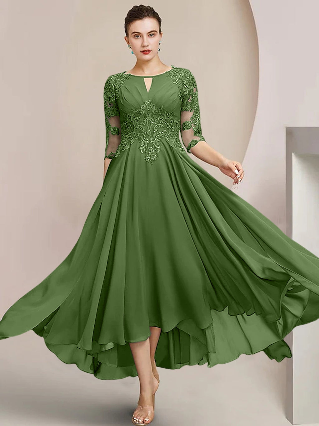 Vestidos de madre de la novia de corte A/princesa con escote redondo y largo hasta la rodilla