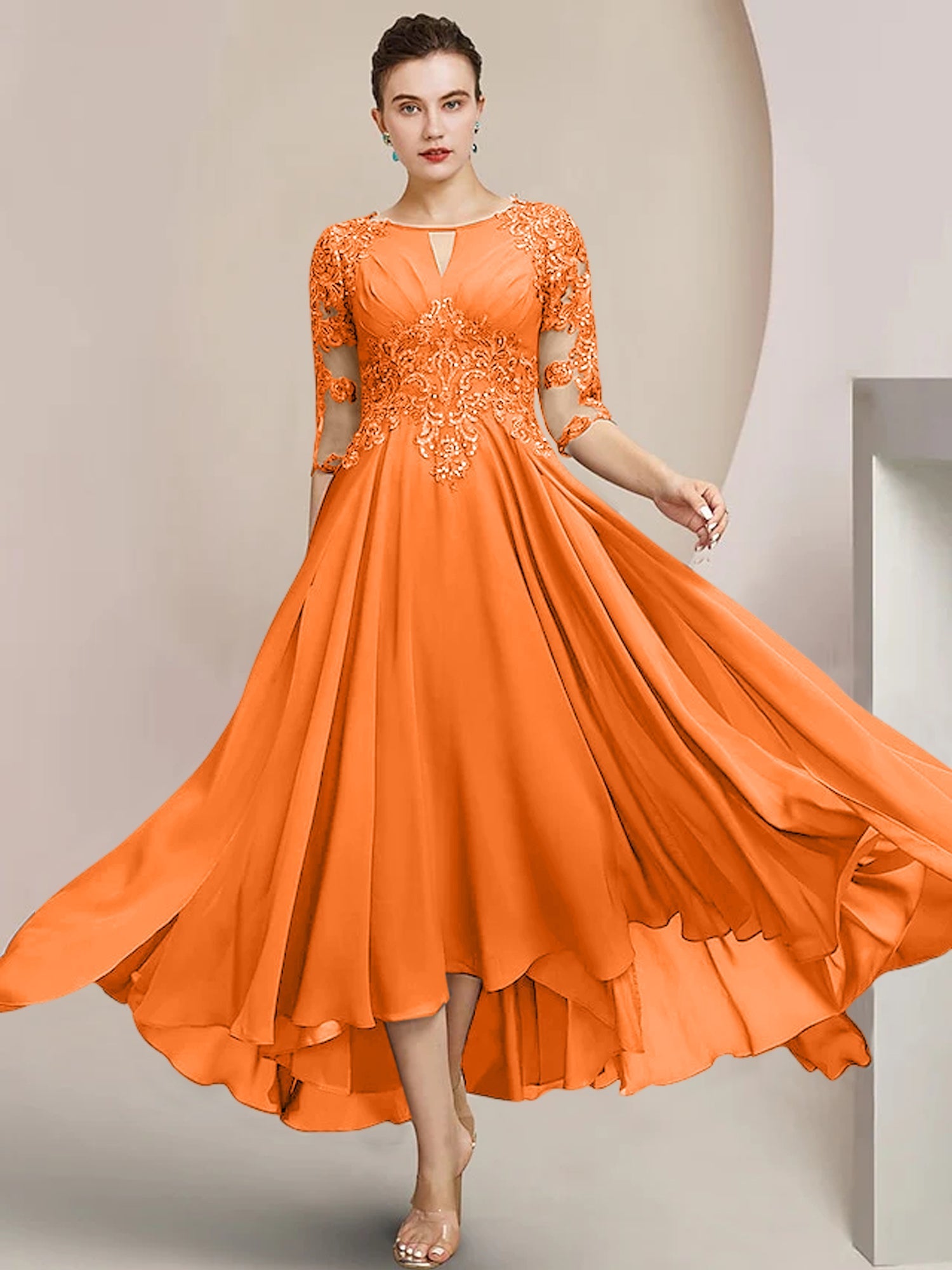 Vestidos de madre de la novia de corte A/princesa con escote redondo y largo hasta la rodilla