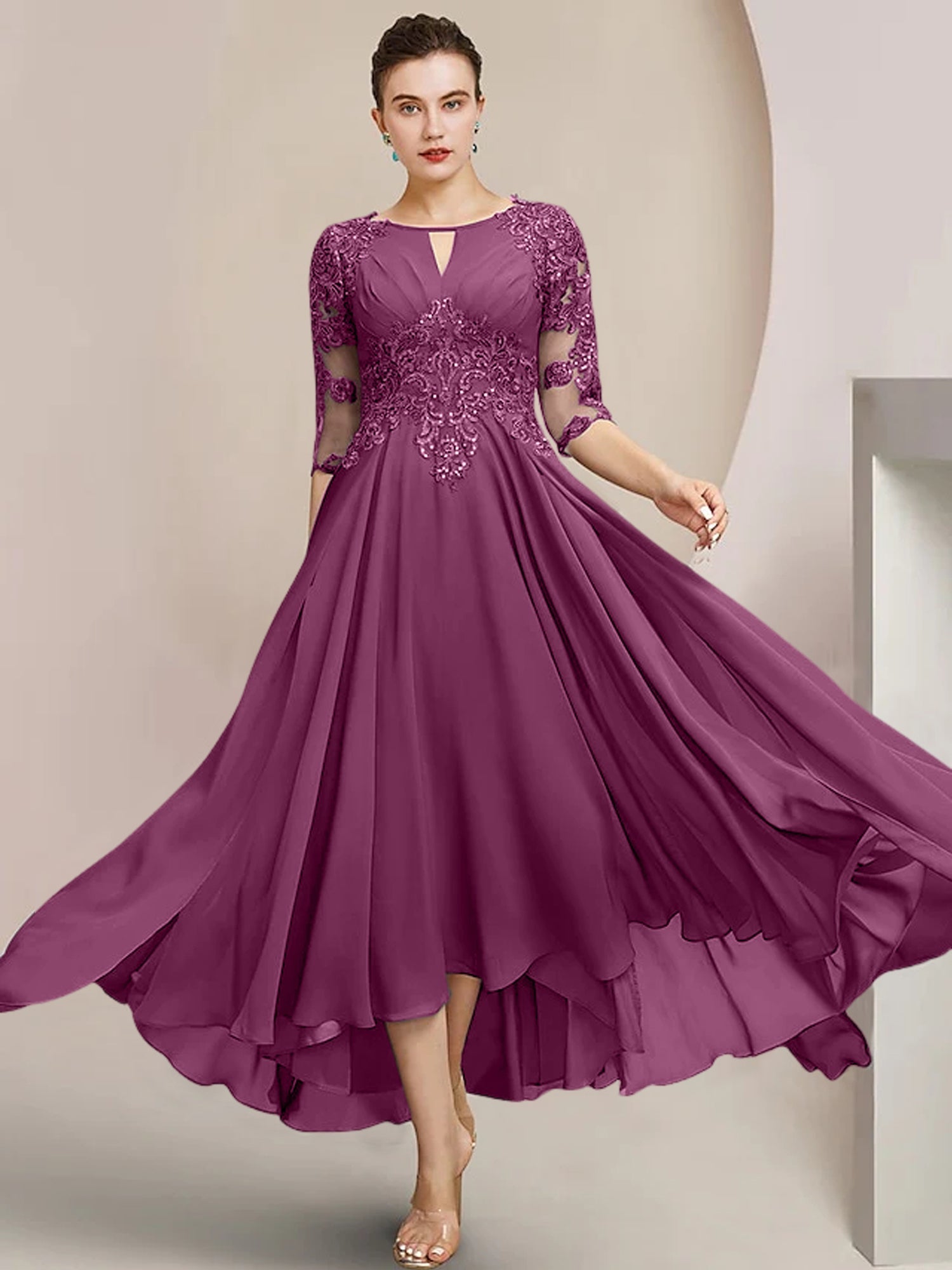 Vestidos de madre de la novia de corte A/princesa con escote redondo y largo hasta la rodilla