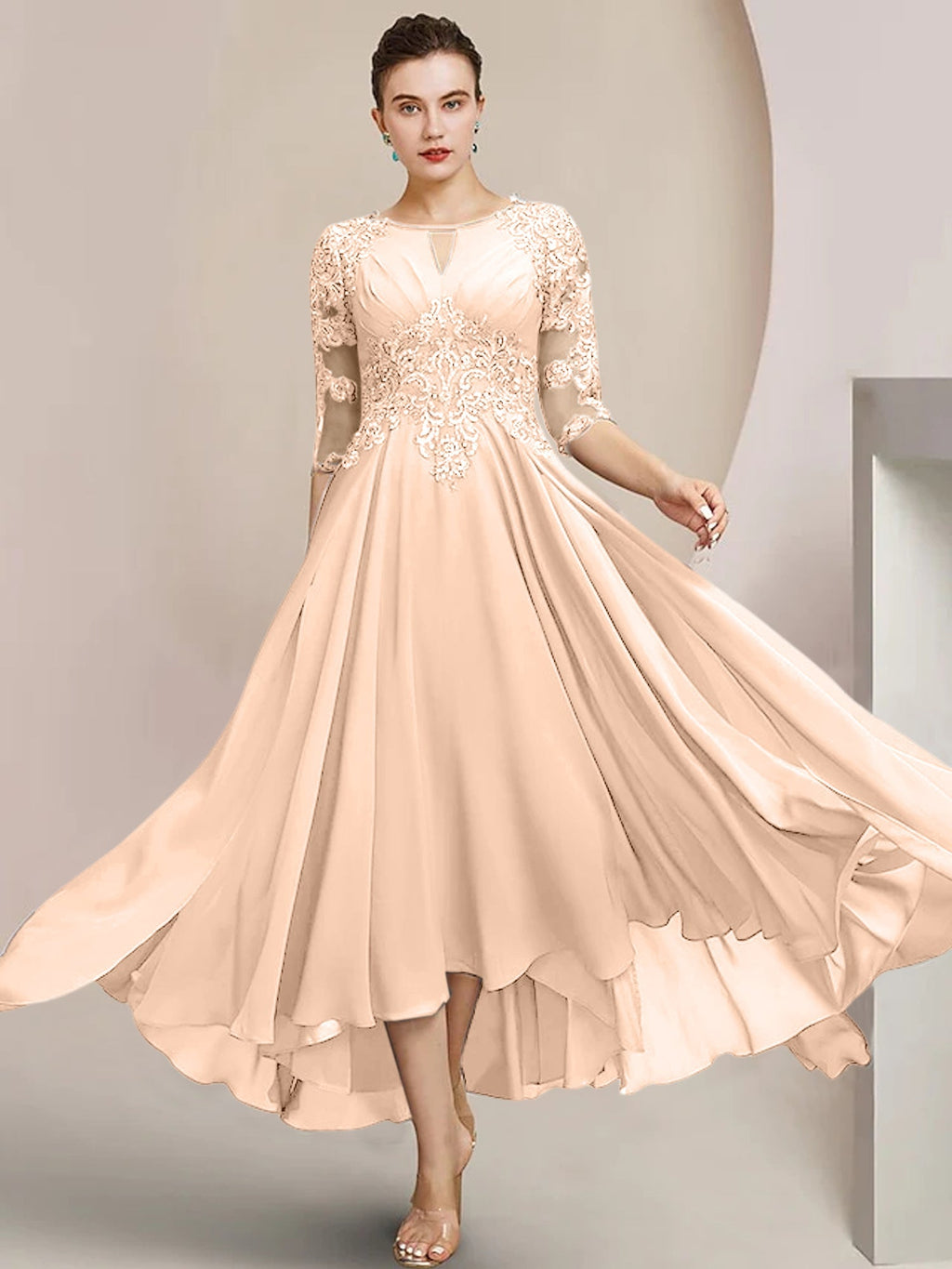 Vestidos de madre de la novia de corte A/princesa con escote redondo y largo hasta la rodilla
