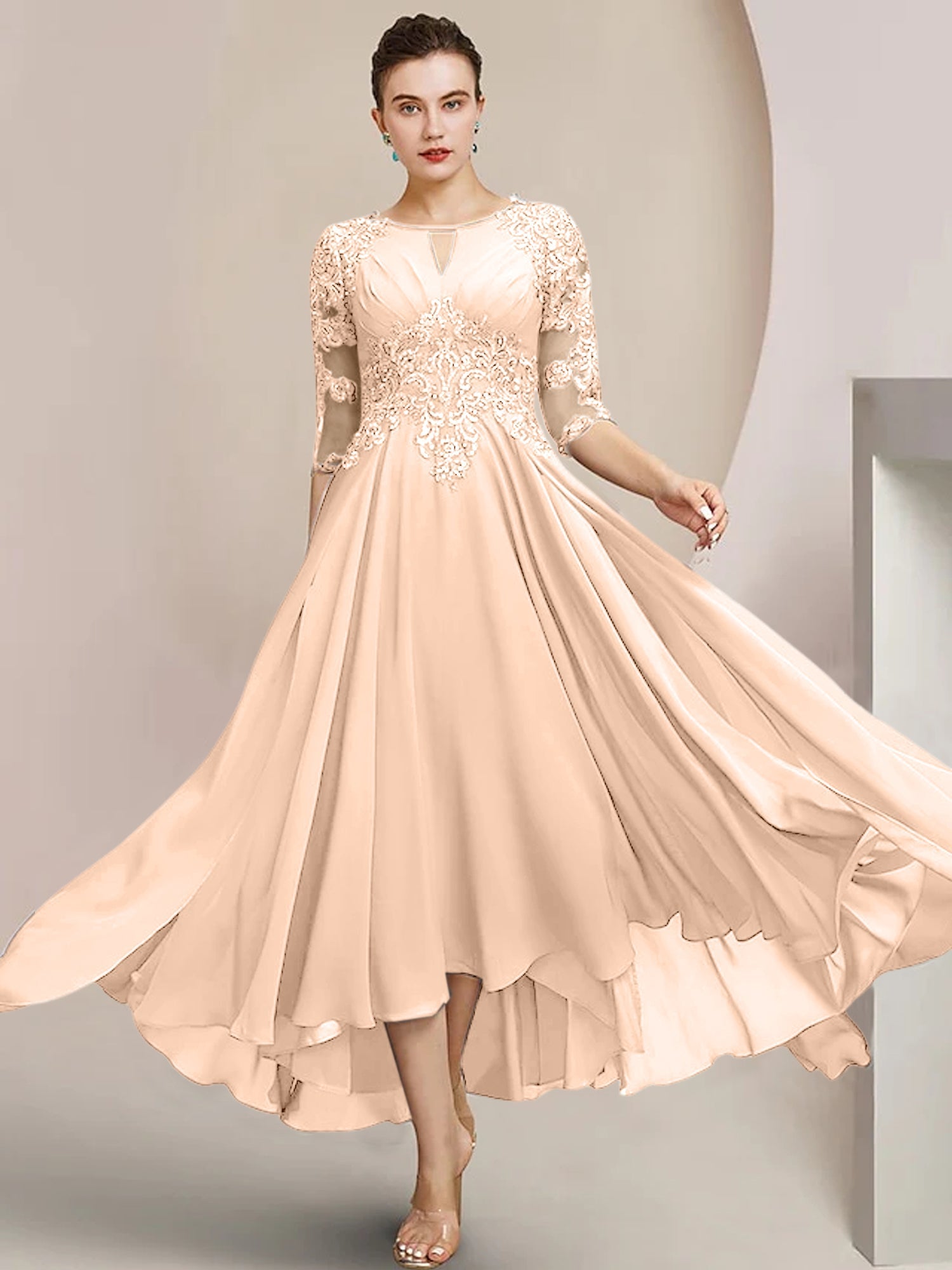 Vestidos de madre de la novia de corte A/princesa con escote redondo y largo hasta la rodilla