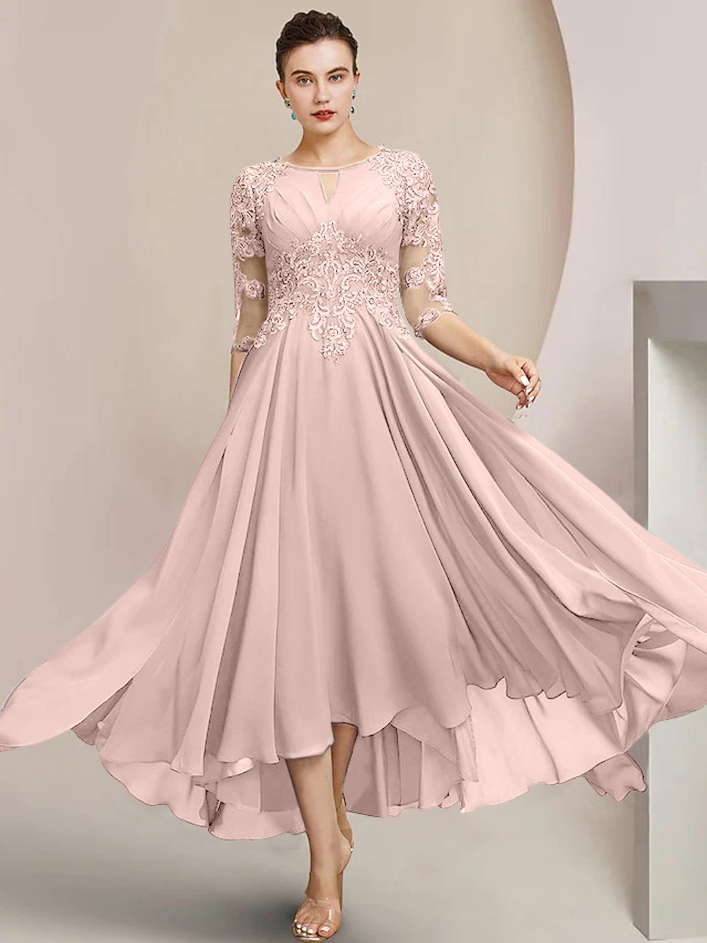 Vestidos de madre de la novia de corte A/princesa con escote redondo y largo hasta la rodilla