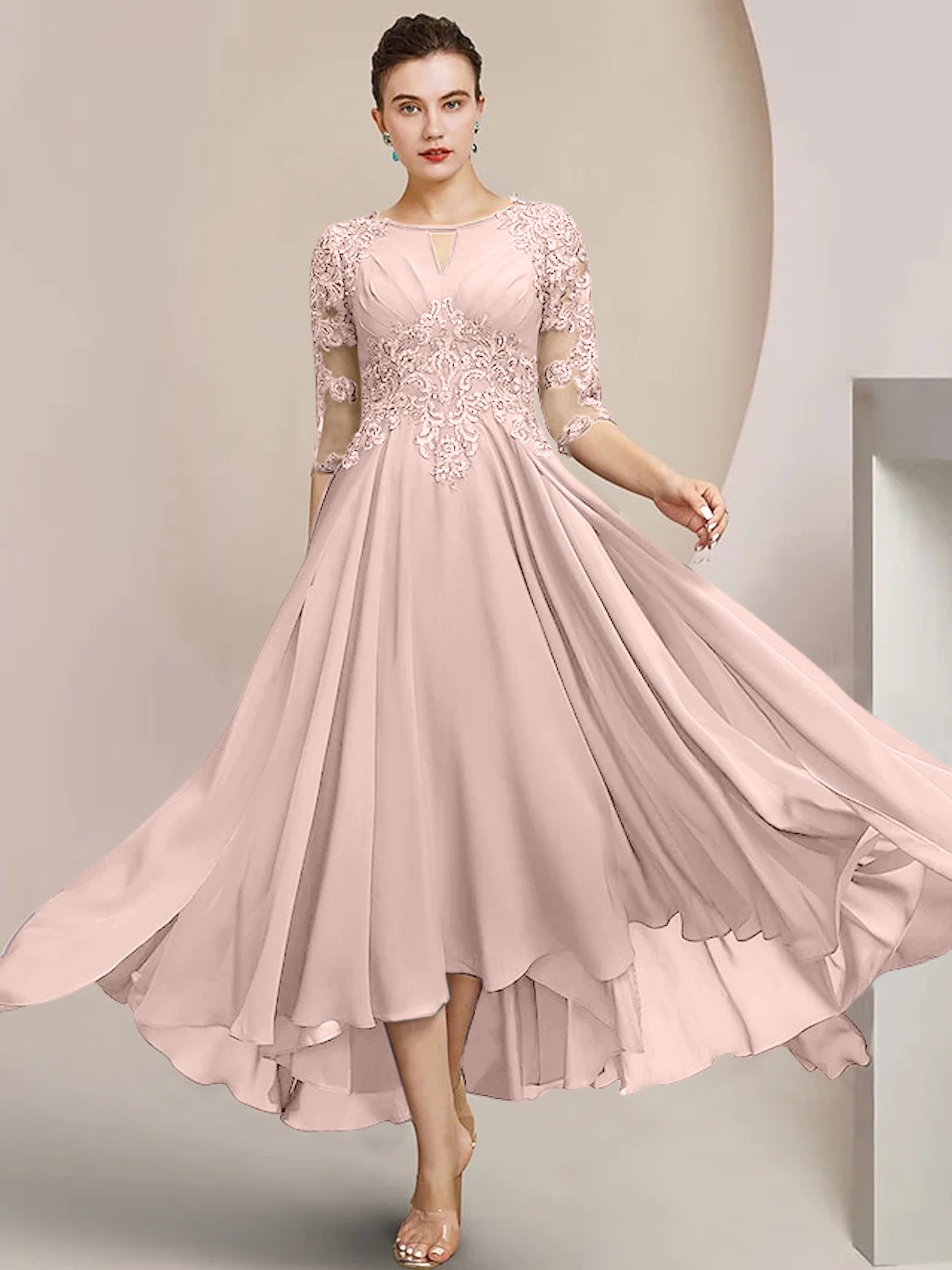 Vestidos de madre de la novia de corte A/princesa con escote redondo y largo hasta la rodilla
