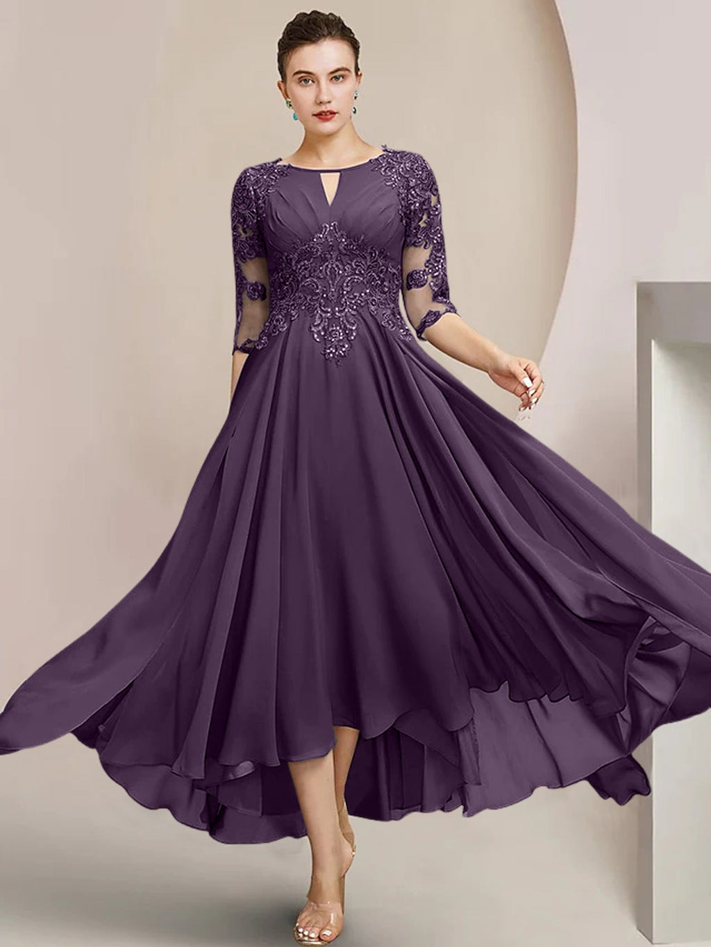 Vestidos de madre de la novia de corte A/princesa con escote redondo y largo hasta la rodilla