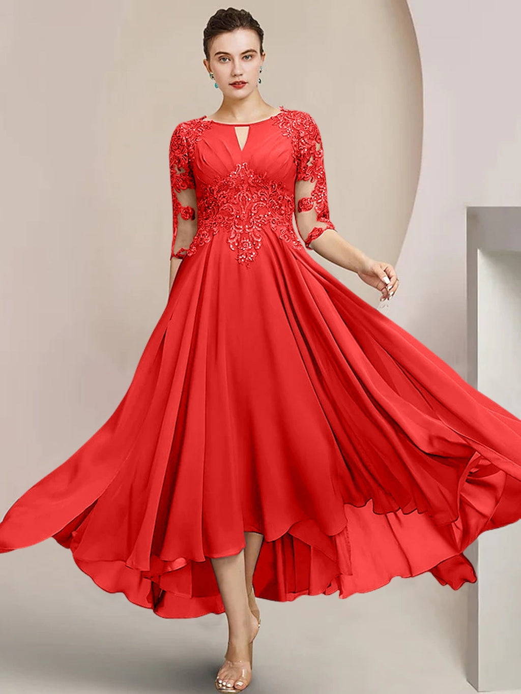 Vestidos de madre de la novia de corte A/princesa con escote redondo y largo hasta la rodilla