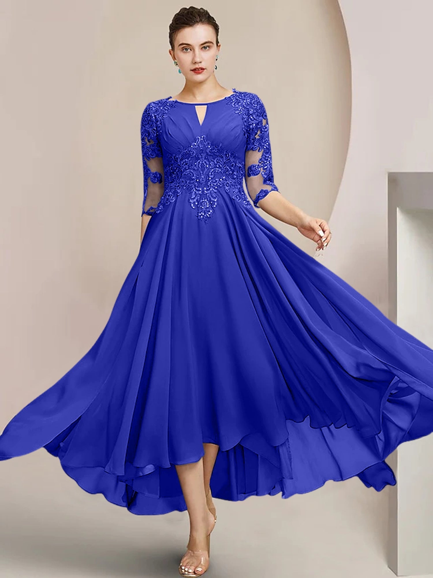 Vestidos de madre de la novia de corte A/princesa con escote redondo y largo hasta la rodilla