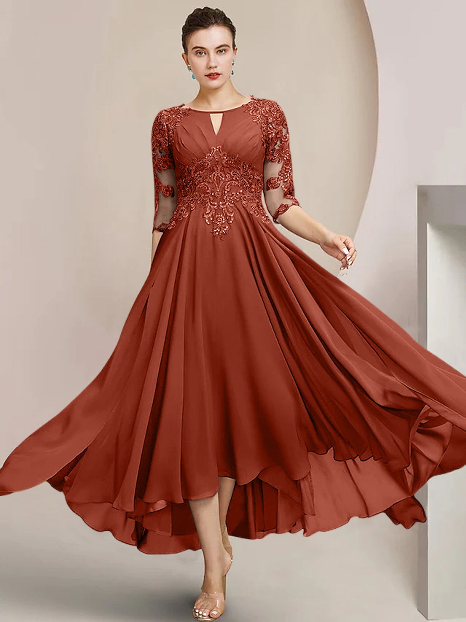 Vestidos de madre de la novia de corte A/princesa con escote redondo y largo hasta la rodilla