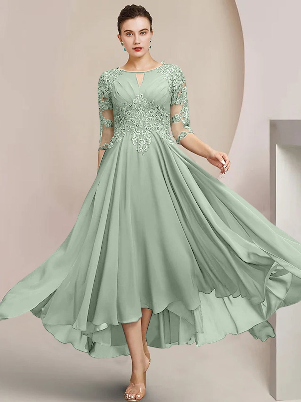 Vestidos de madre de la novia de corte A/princesa con escote redondo y largo hasta la rodilla