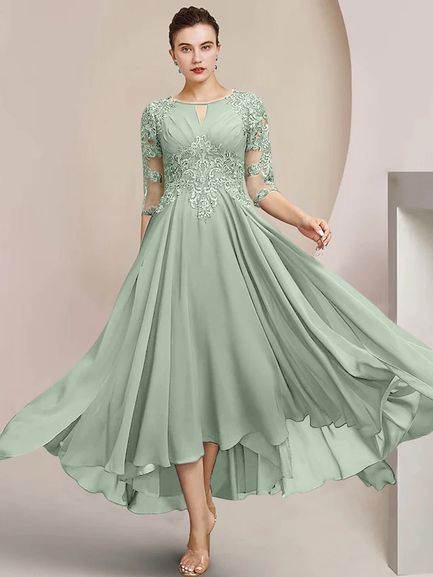 Vestidos de madre de la novia de corte A/princesa con escote redondo y largo hasta la rodilla