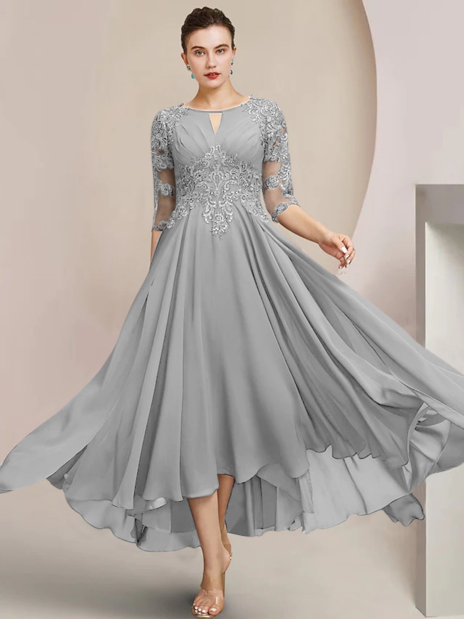 Vestidos de madre de la novia de corte A/princesa con escote redondo y largo hasta la rodilla