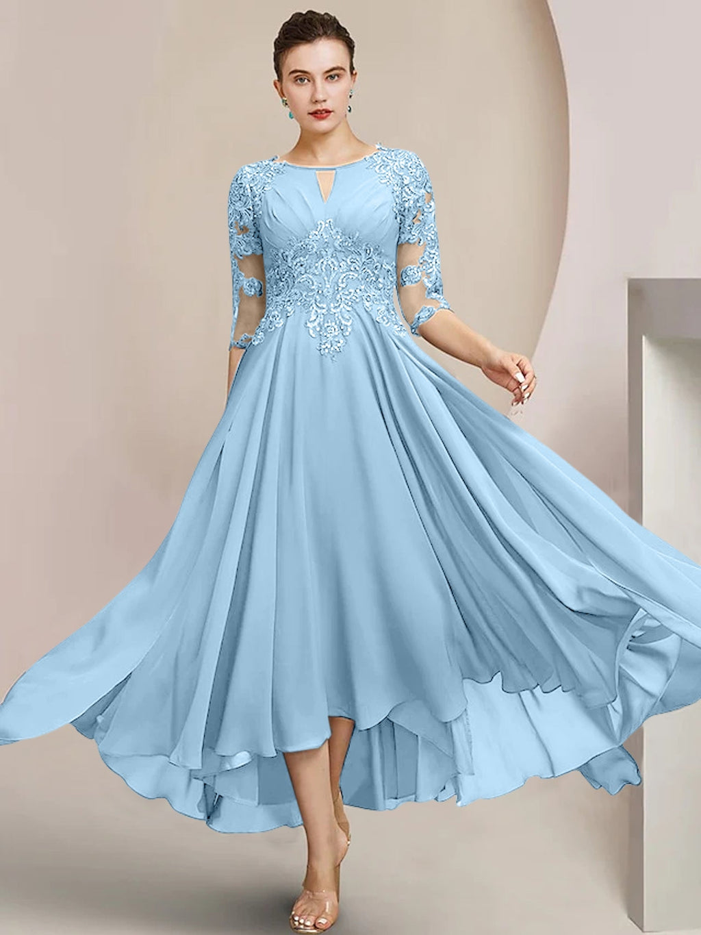 Vestidos de madre de la novia de corte A/princesa con escote redondo y largo hasta la rodilla
