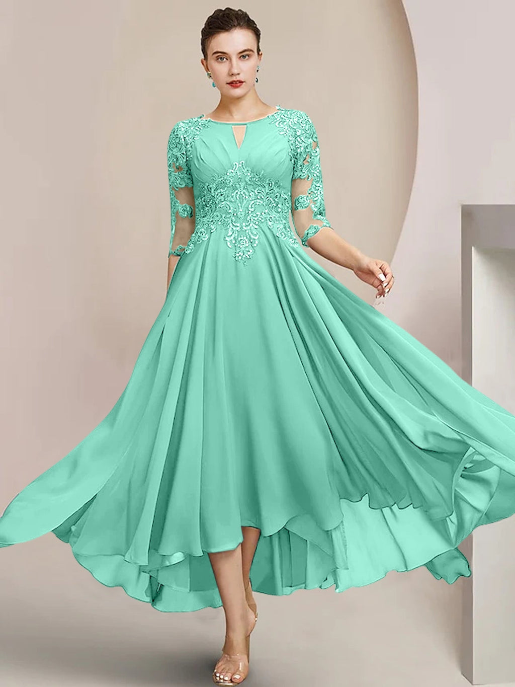 Vestidos de madre de la novia de corte A/princesa con escote redondo y largo hasta la rodilla