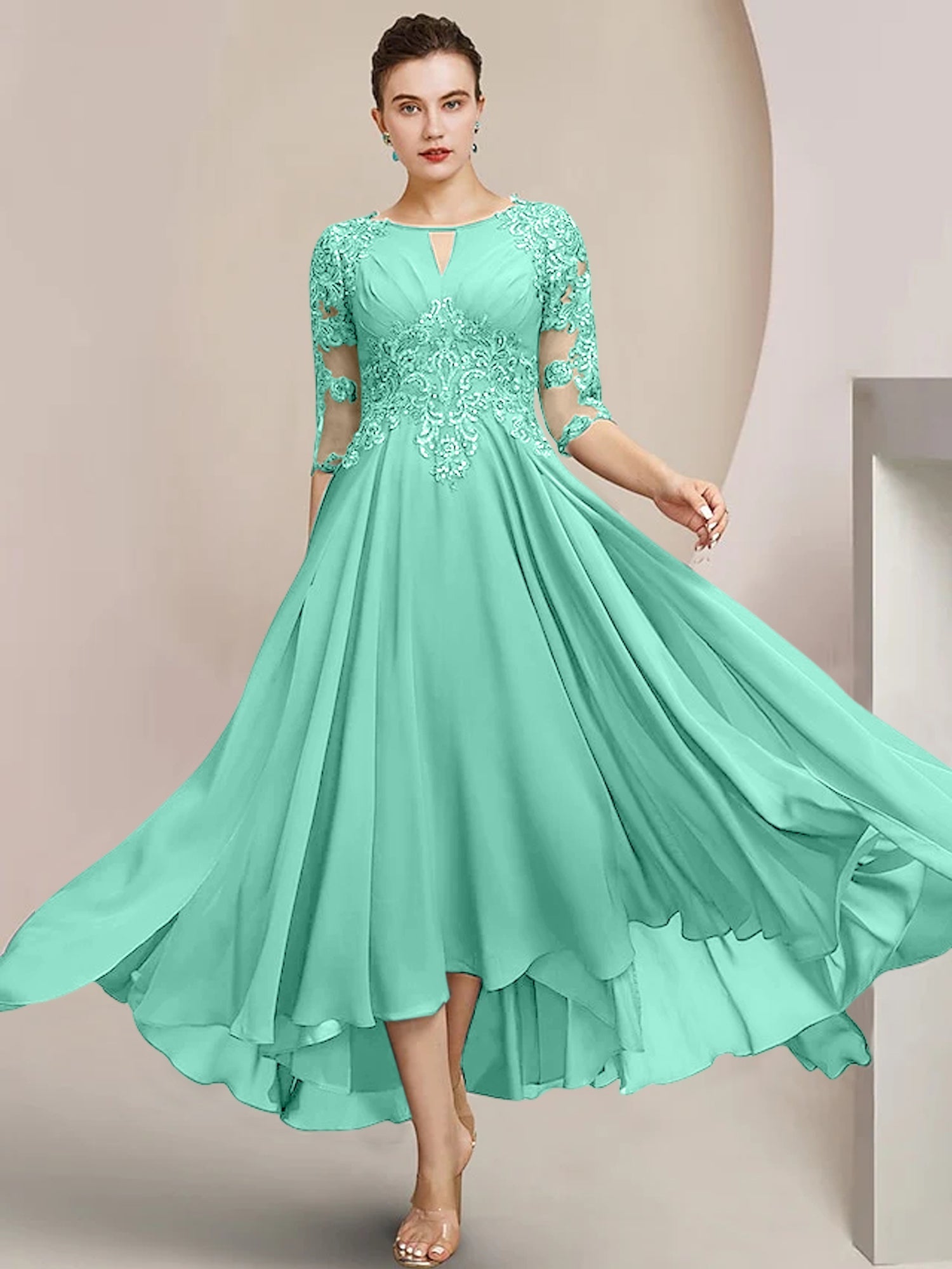 Vestidos de madre de la novia de corte A/princesa con escote redondo y largo hasta la rodilla