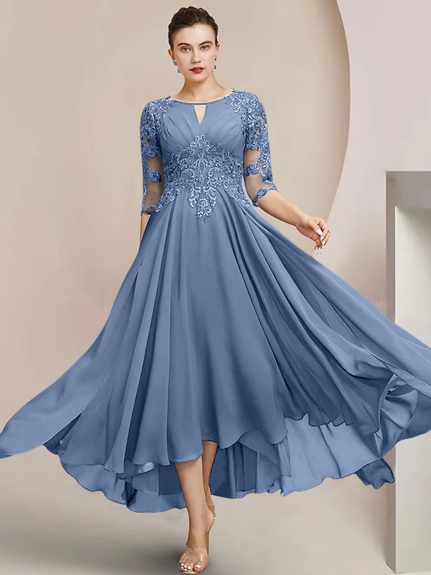 Vestidos de madre de la novia de corte A/princesa con escote redondo y largo hasta la rodilla