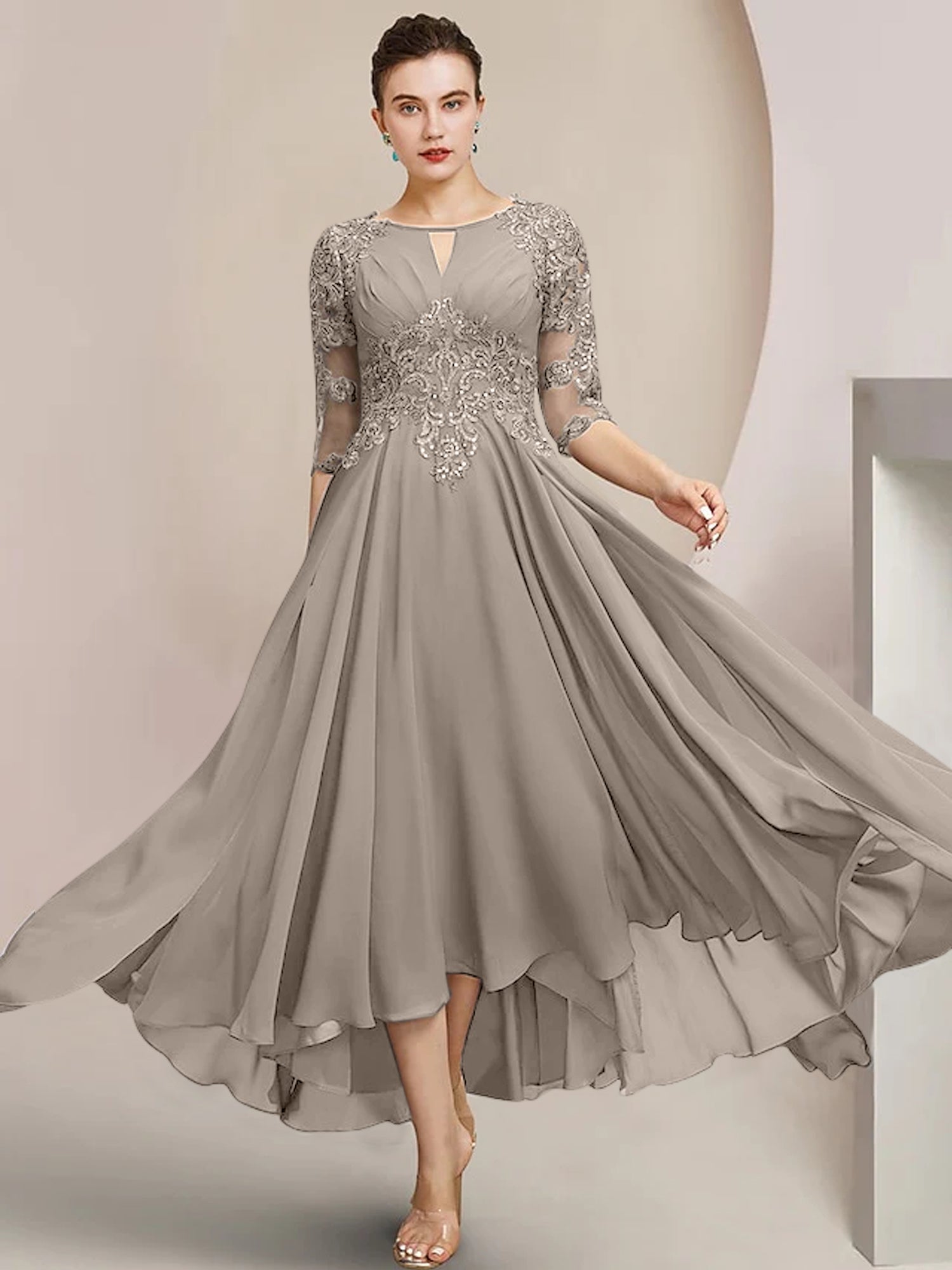 Vestidos de madre de la novia de corte A/princesa con escote redondo y largo hasta la rodilla