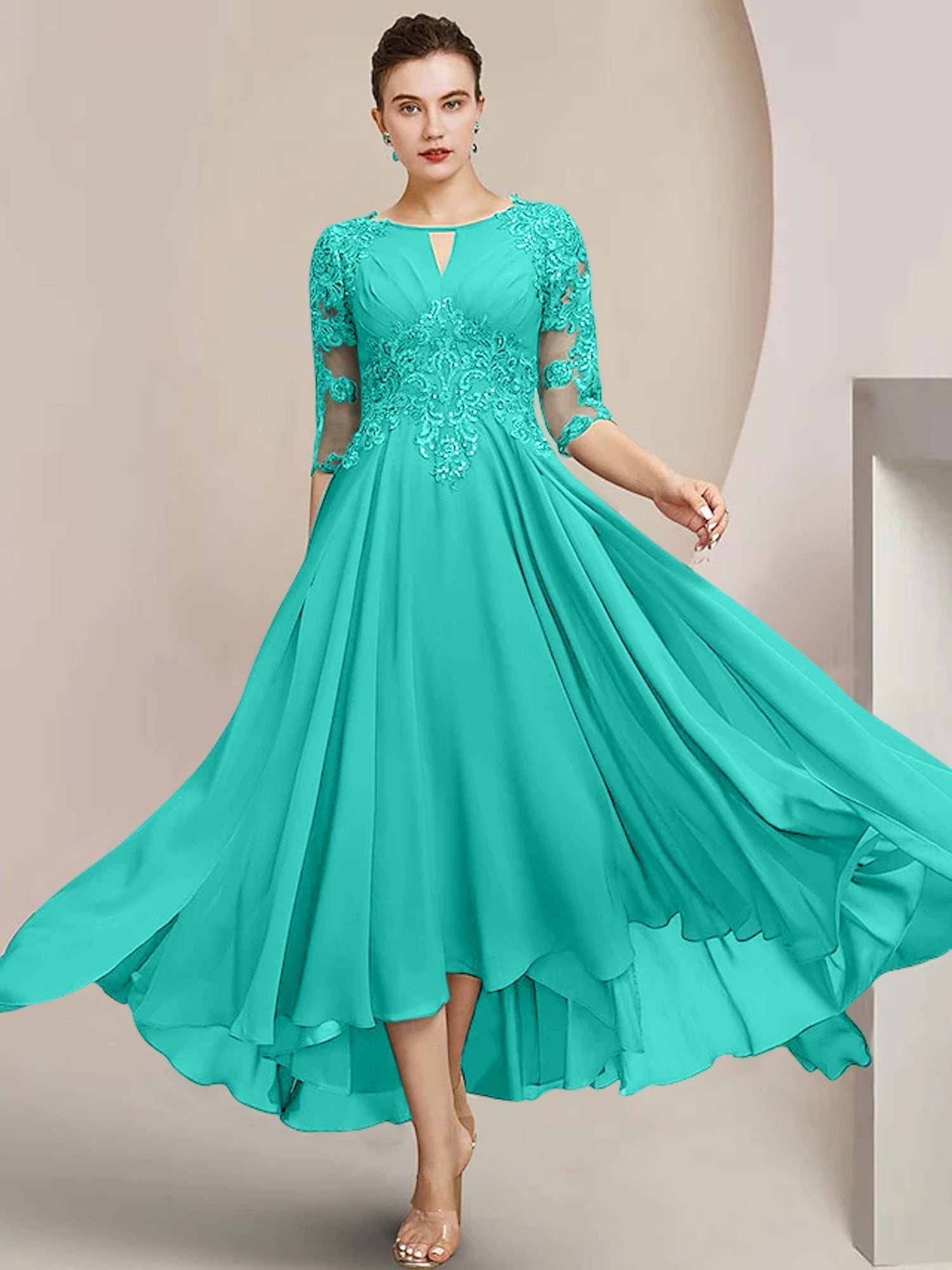 Vestidos de madre de la novia de corte A/princesa con escote redondo y largo hasta la rodilla