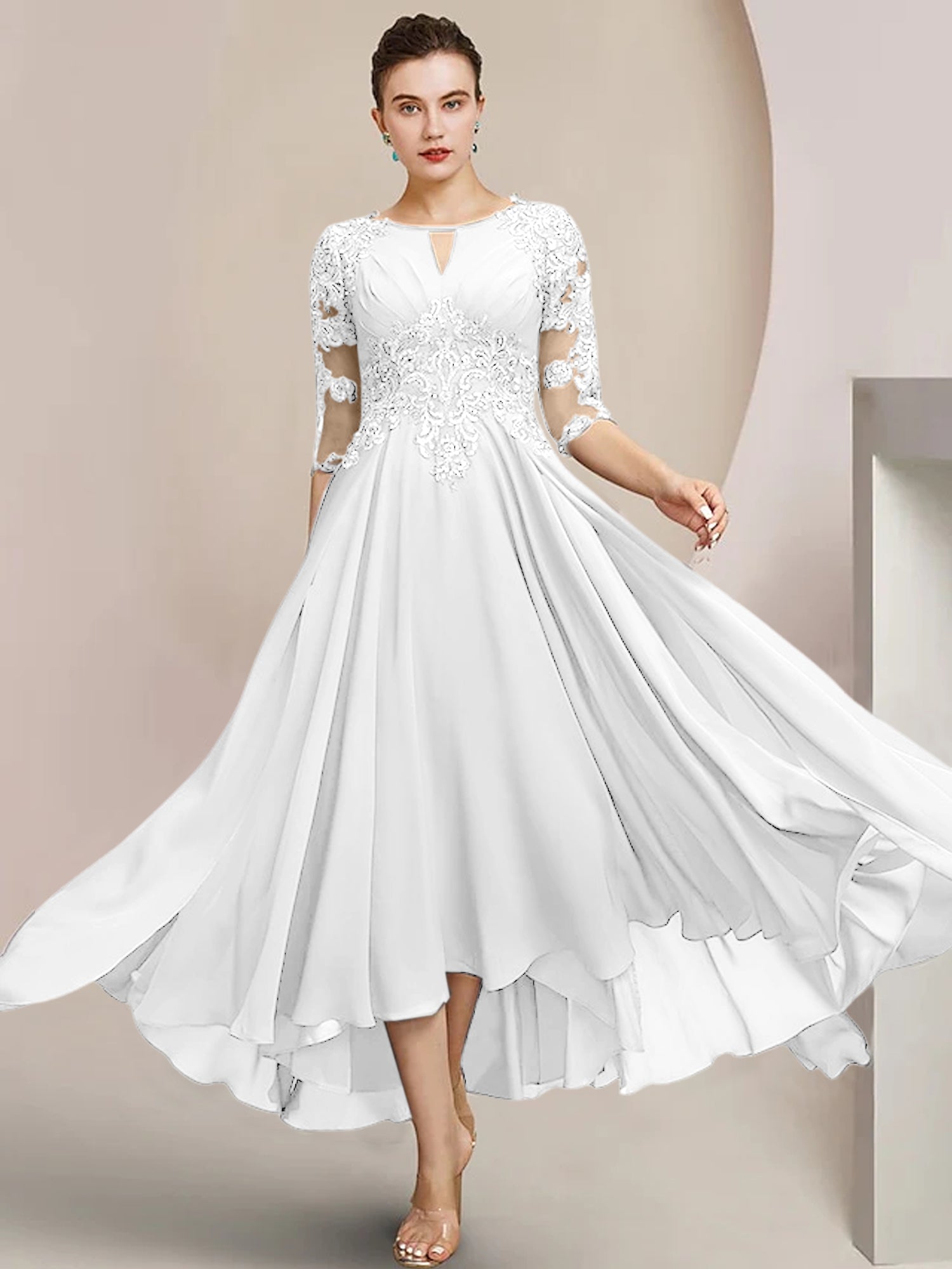 Vestidos de madre de la novia de corte A/princesa con escote redondo y largo hasta la rodilla