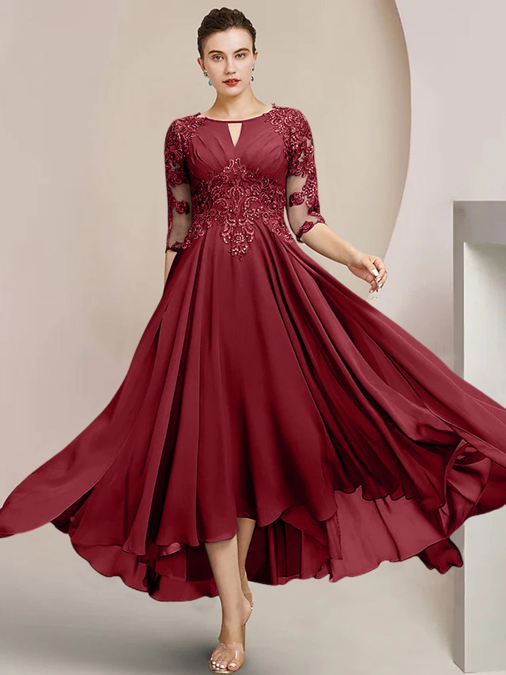 Vestidos de madre de la novia de corte A/princesa con escote redondo y largo hasta la rodilla