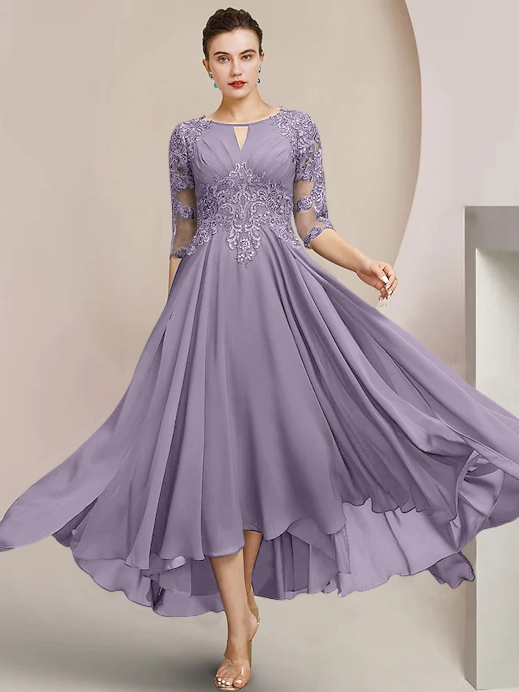 Vestidos de madre de la novia de corte A/princesa con escote redondo y largo hasta la rodilla