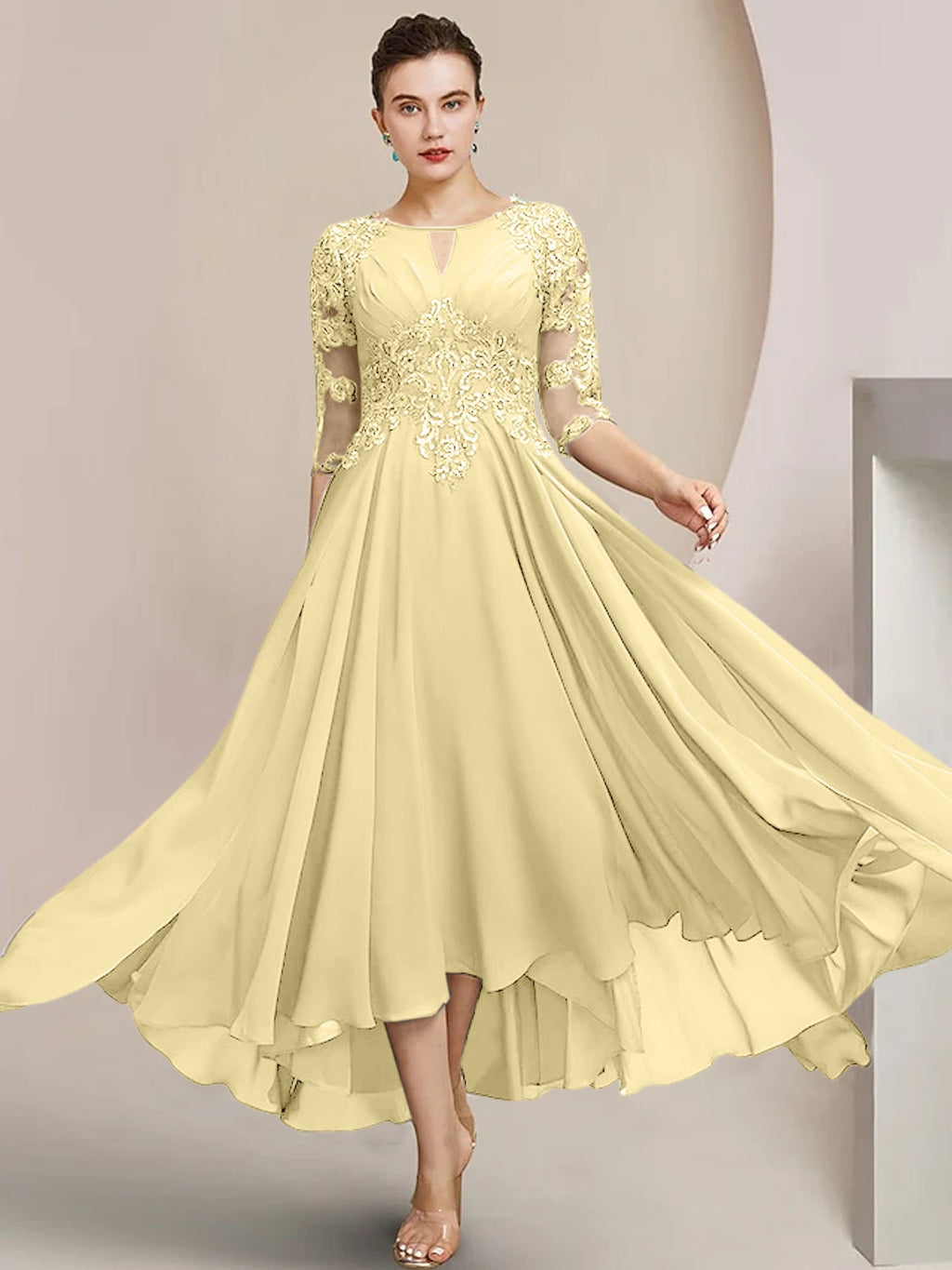 Vestidos de madre de la novia de corte A/princesa con escote redondo y largo hasta la rodilla