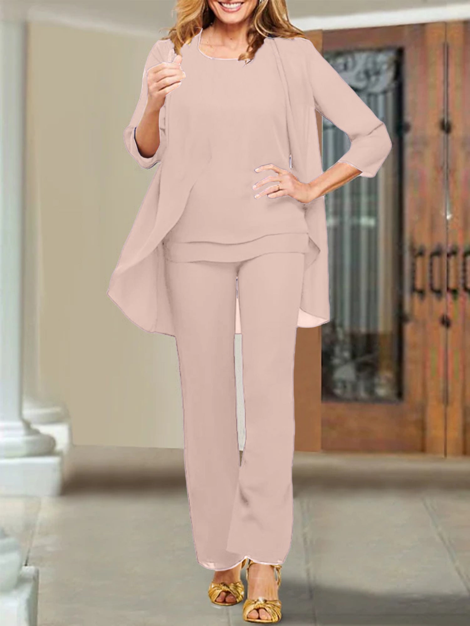 Trajes de pantalón para madre de la novia con escote redondo de gasa