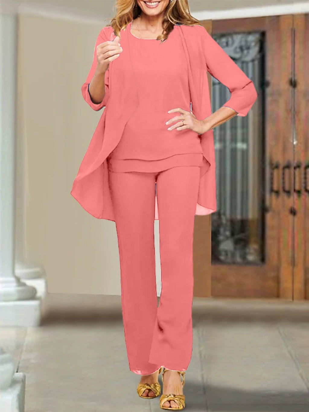 Trajes de pantalón para madre de la novia con escote redondo de gasa