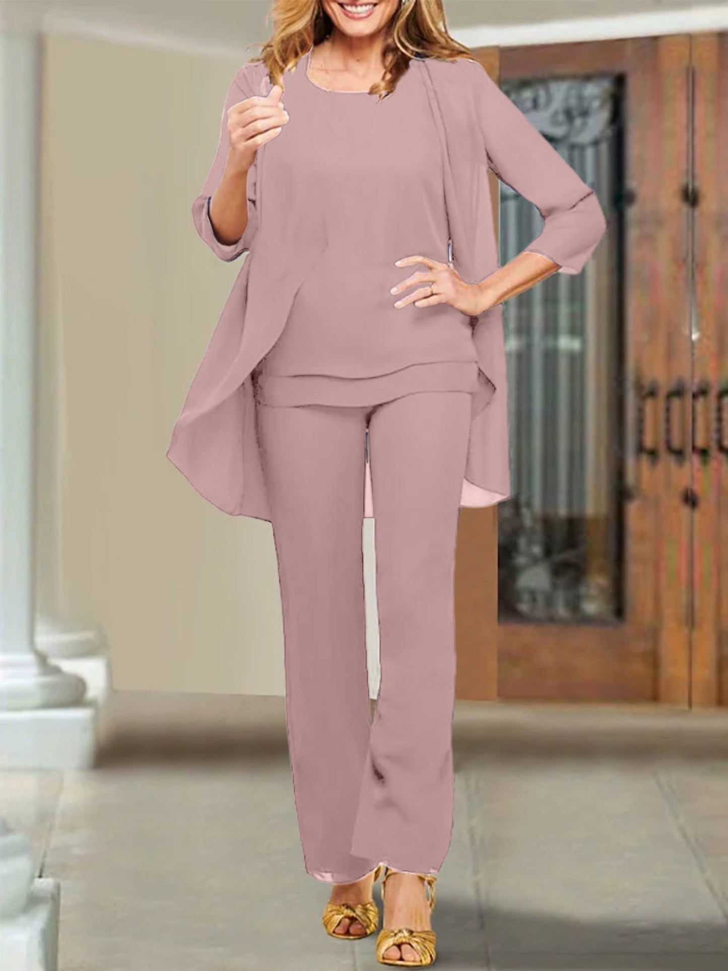 Chiffon-Hosenanzüge mit U-Ausschnitt für die Mutter der Braut 