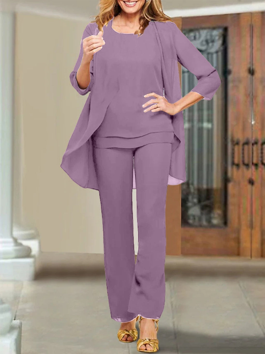 Trajes de pantalón para madre de la novia con escote redondo de gasa
