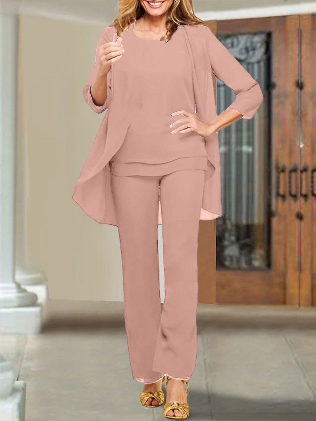 Trajes de pantalón para madre de la novia con escote redondo de gasa