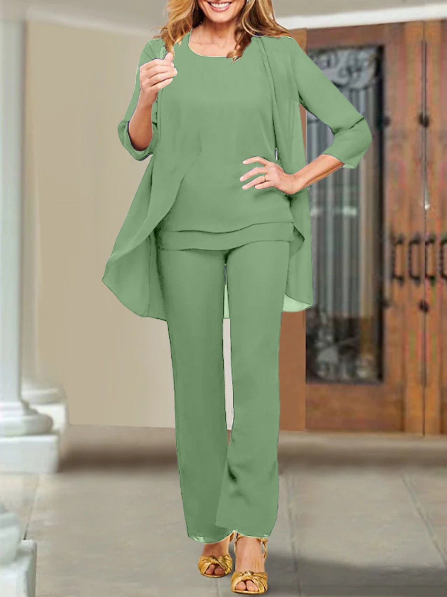 Trajes de pantalón para madre de la novia con escote redondo de gasa