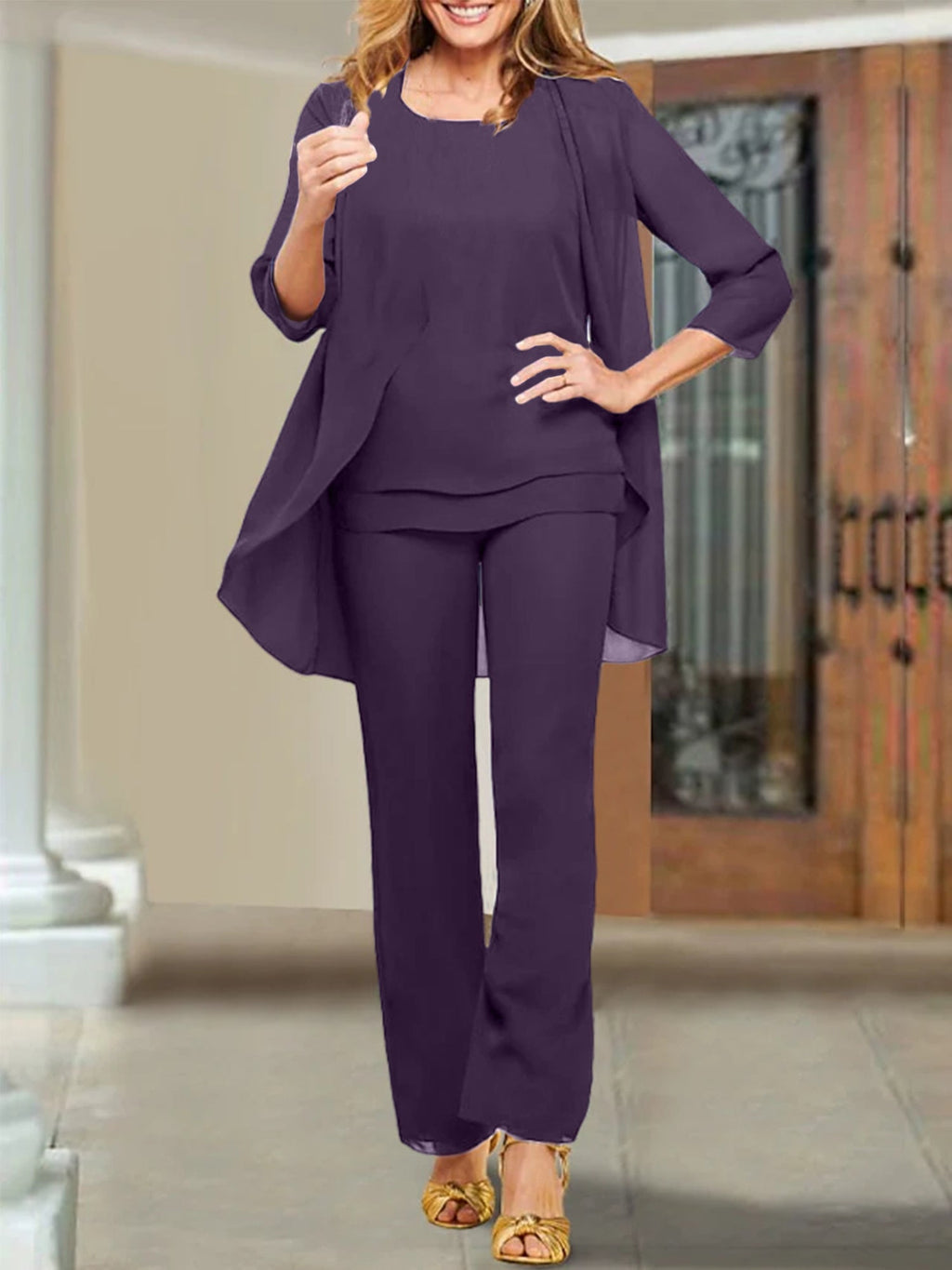 Trajes de pantalón para madre de la novia con escote redondo de gasa