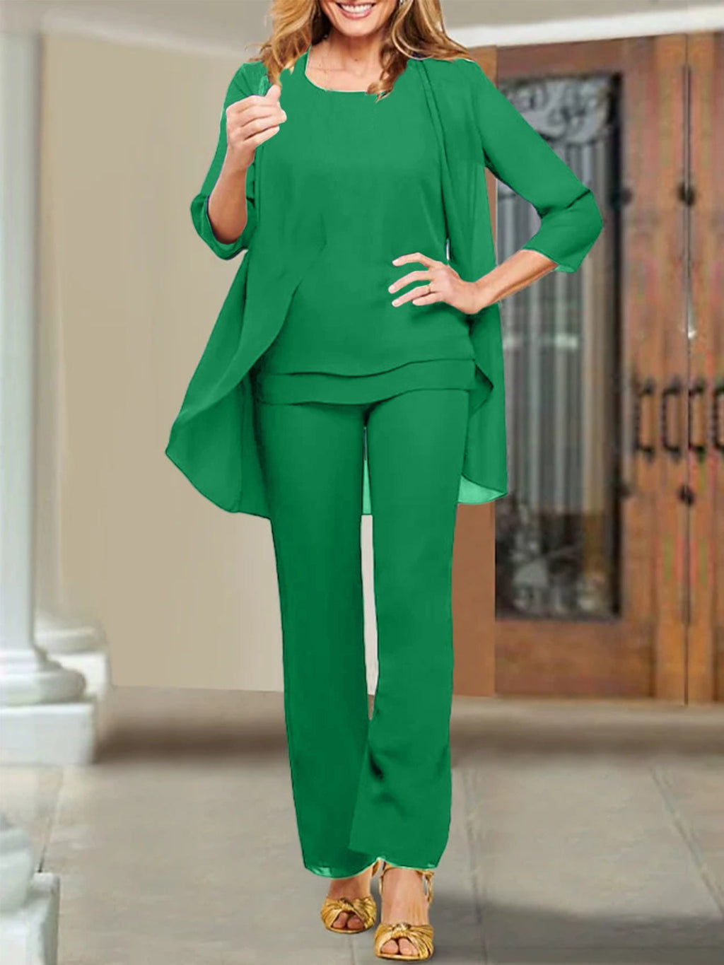 Trajes de pantalón para madre de la novia con escote redondo de gasa
