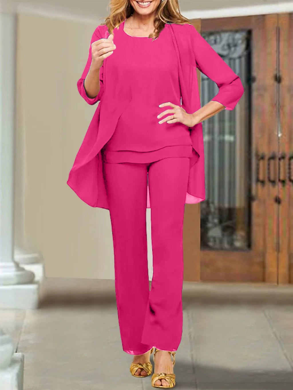 Trajes de pantalón para madre de la novia con escote redondo de gasa