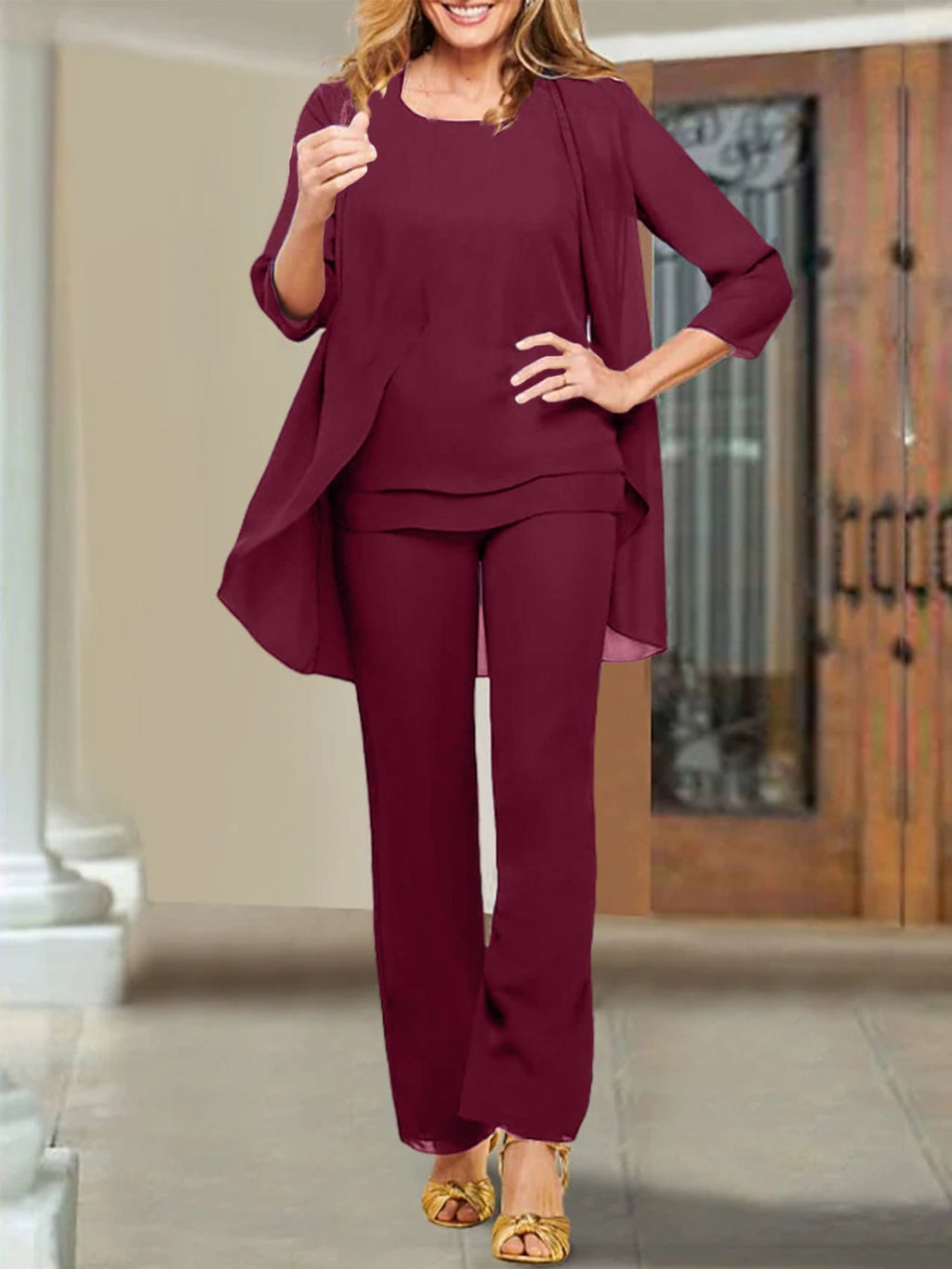 Trajes de pantalón para madre de la novia con escote redondo de gasa