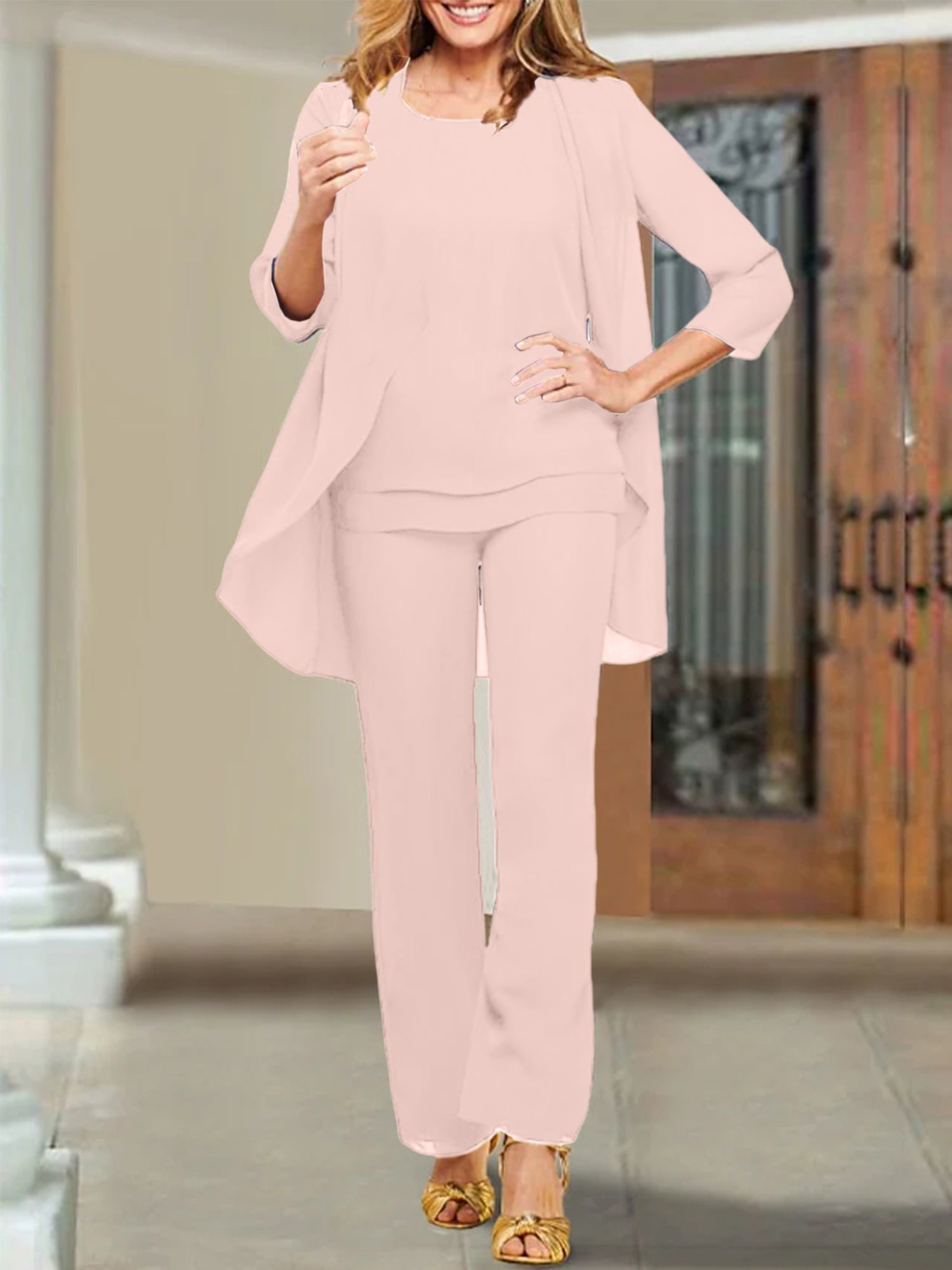 Trajes de pantalón para madre de la novia con escote redondo de gasa