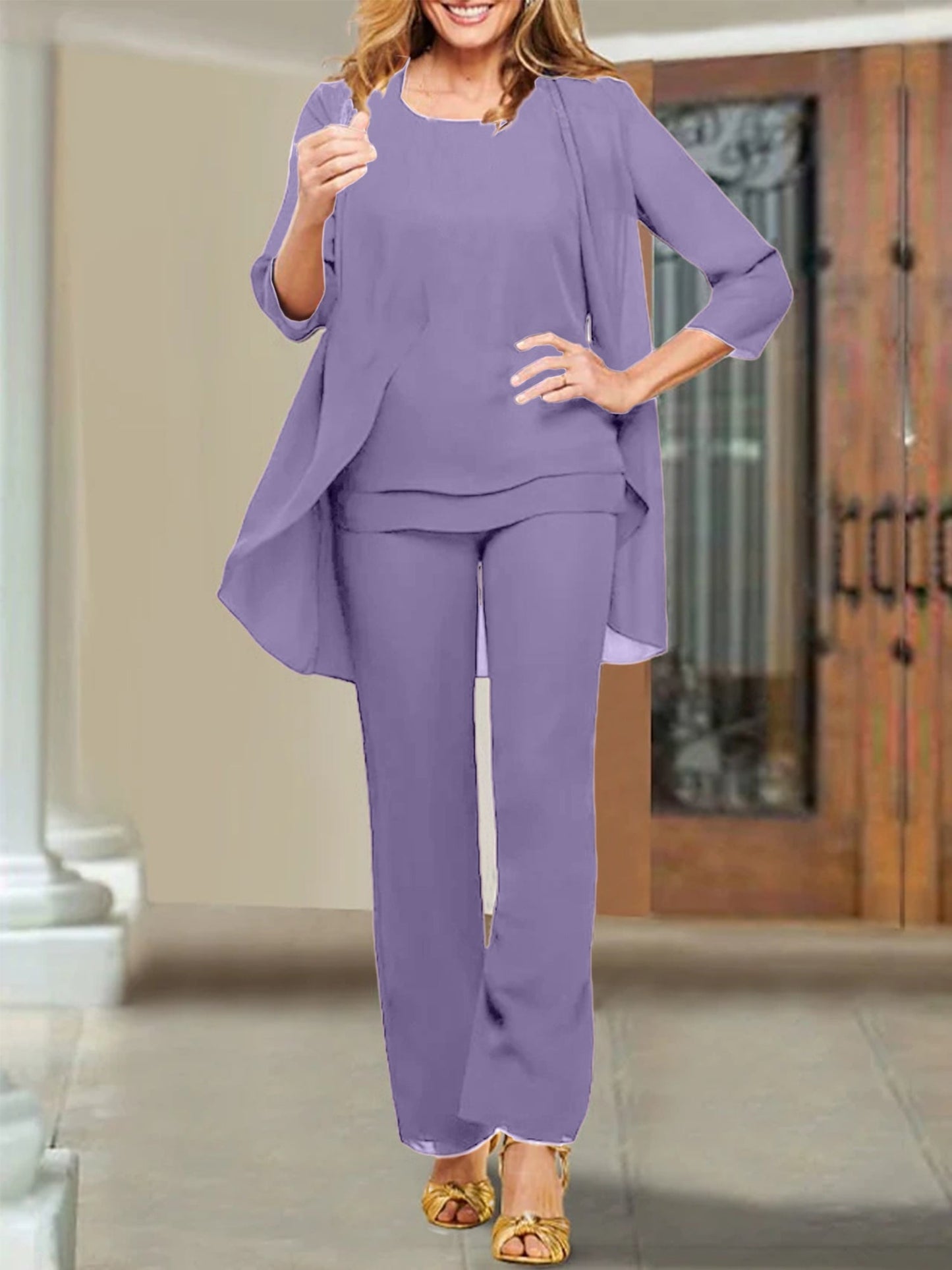 Chiffon-Hosenanzüge mit U-Ausschnitt für die Mutter der Braut 