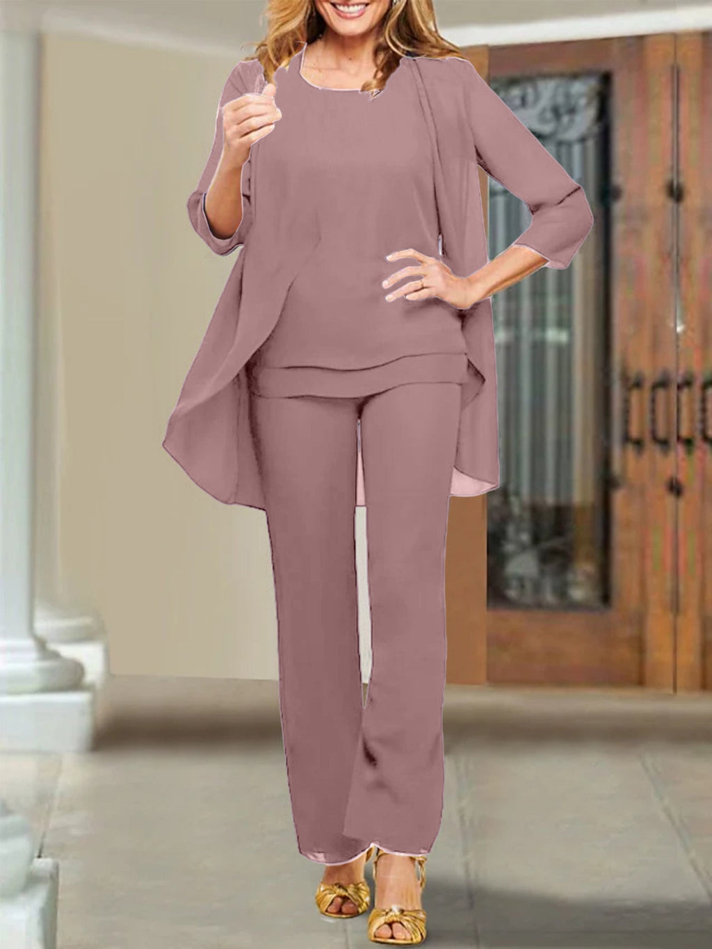 Trajes de pantalón para madre de la novia con escote redondo de gasa