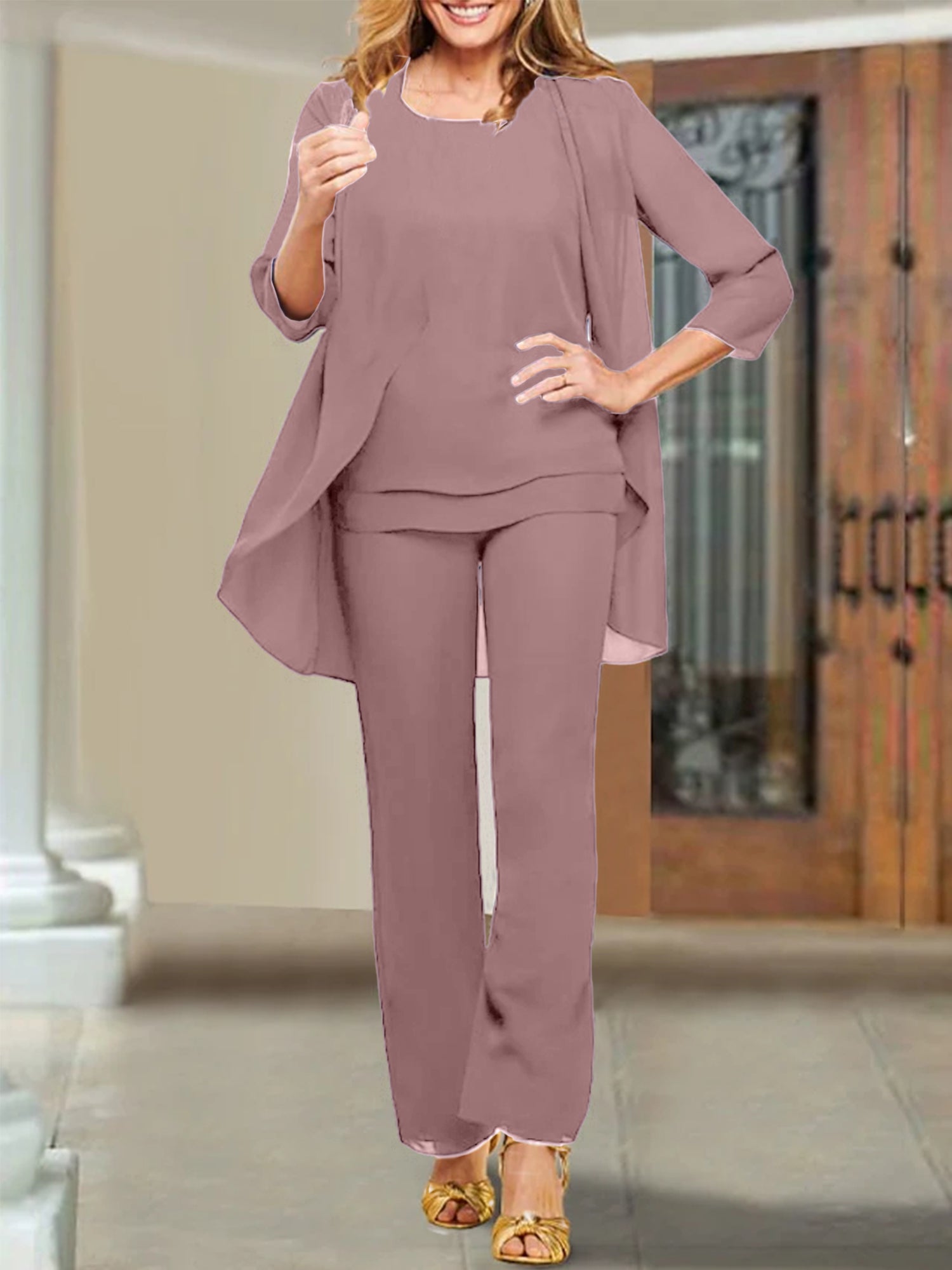 Trajes de pantalón para madre de la novia con escote redondo de gasa
