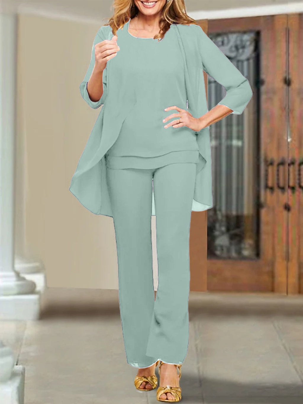 Trajes de pantalón para madre de la novia con escote redondo de gasa