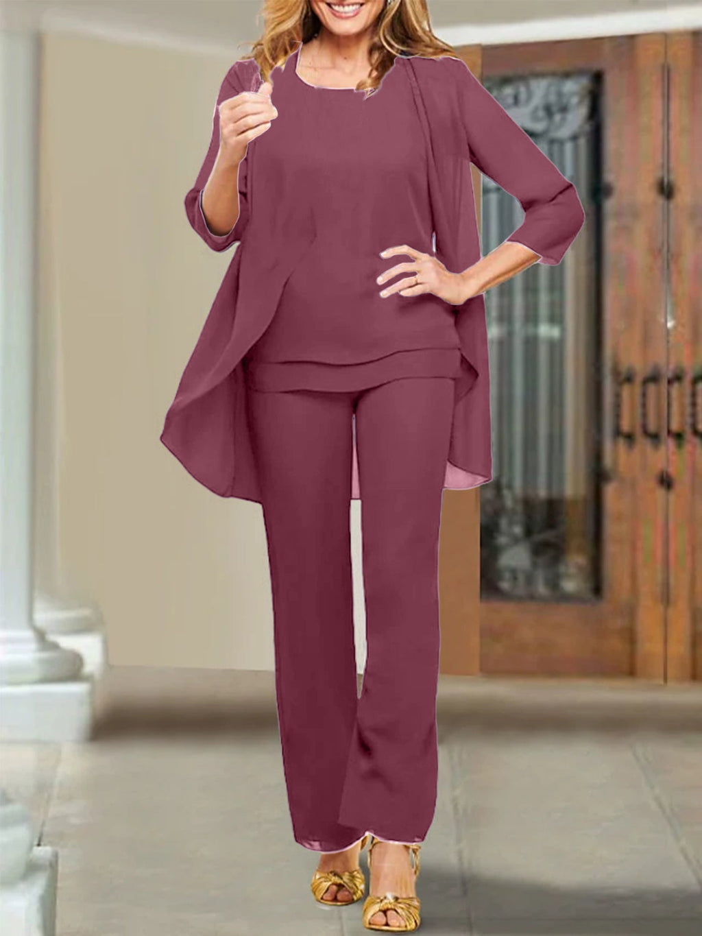 Trajes de pantalón para madre de la novia con escote redondo de gasa