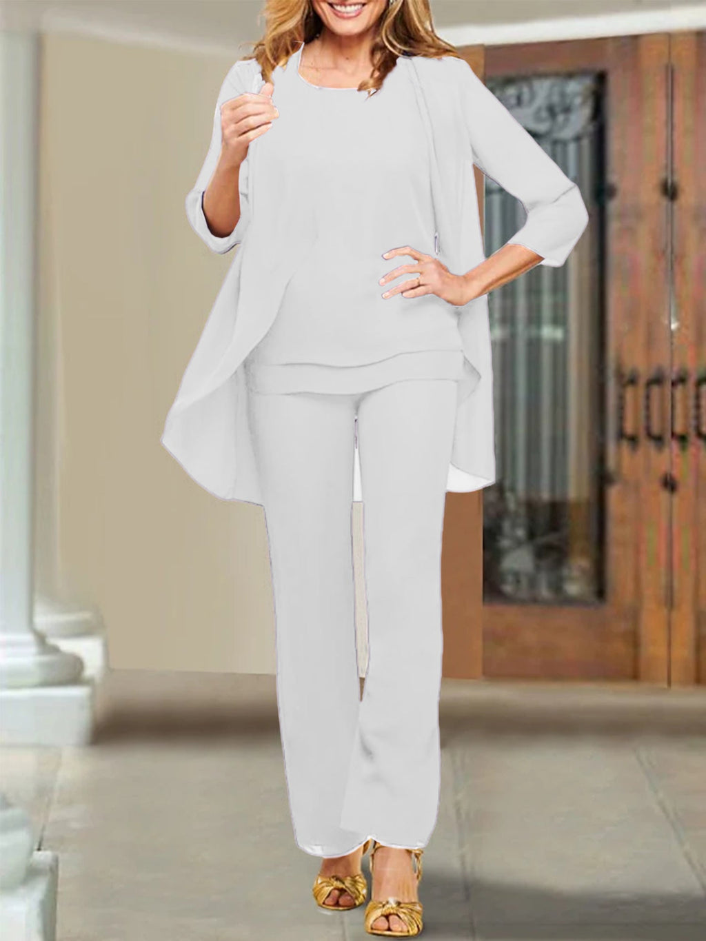 Trajes de pantalón para madre de la novia con escote redondo de gasa