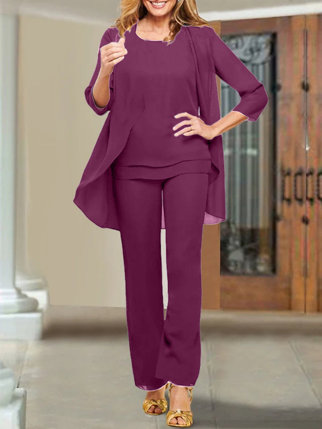 Trajes de pantalón para madre de la novia con escote redondo de gasa