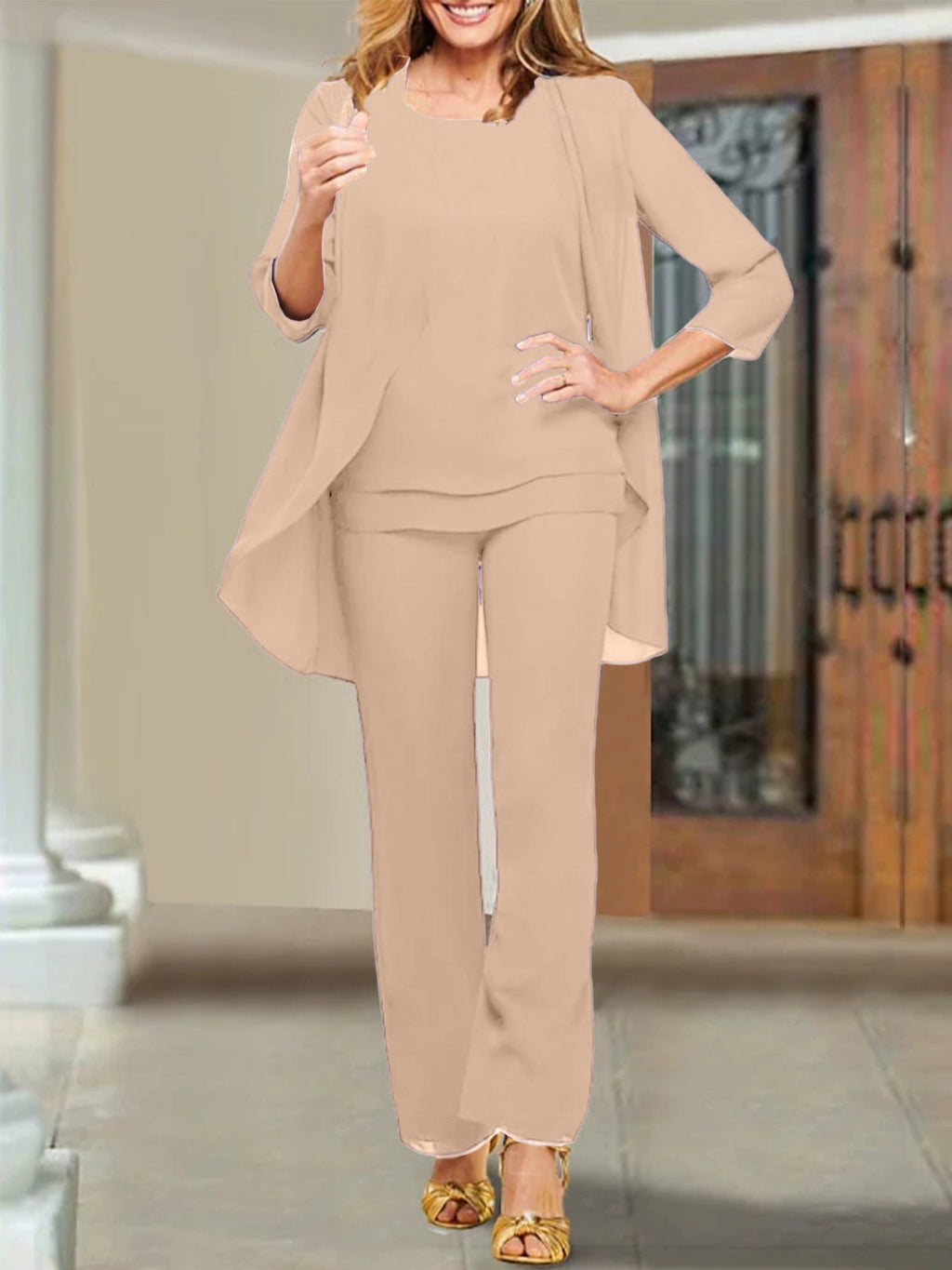 Trajes de pantalón para madre de la novia con escote redondo de gasa