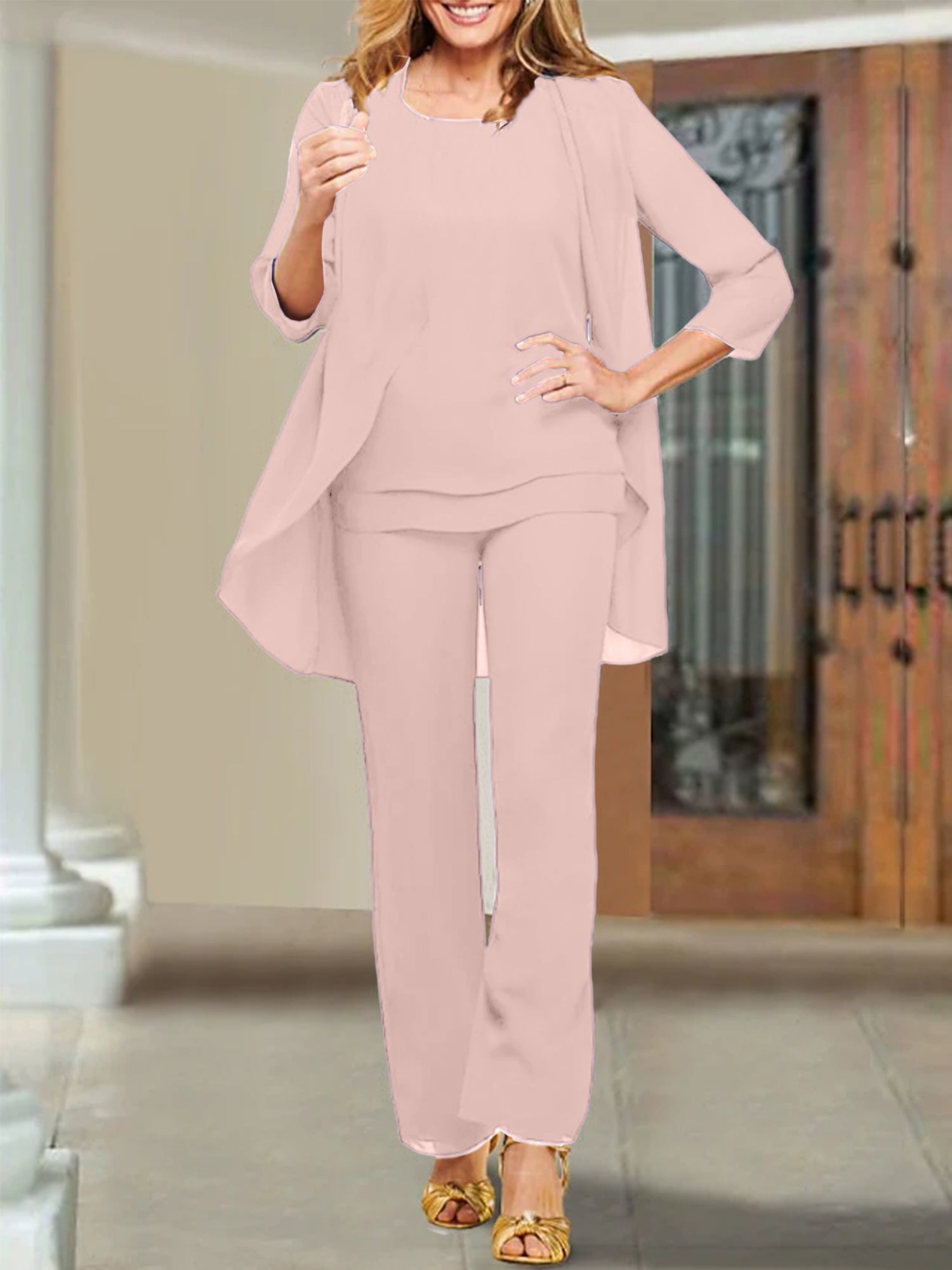 Trajes de pantalón para madre de la novia con escote redondo de gasa