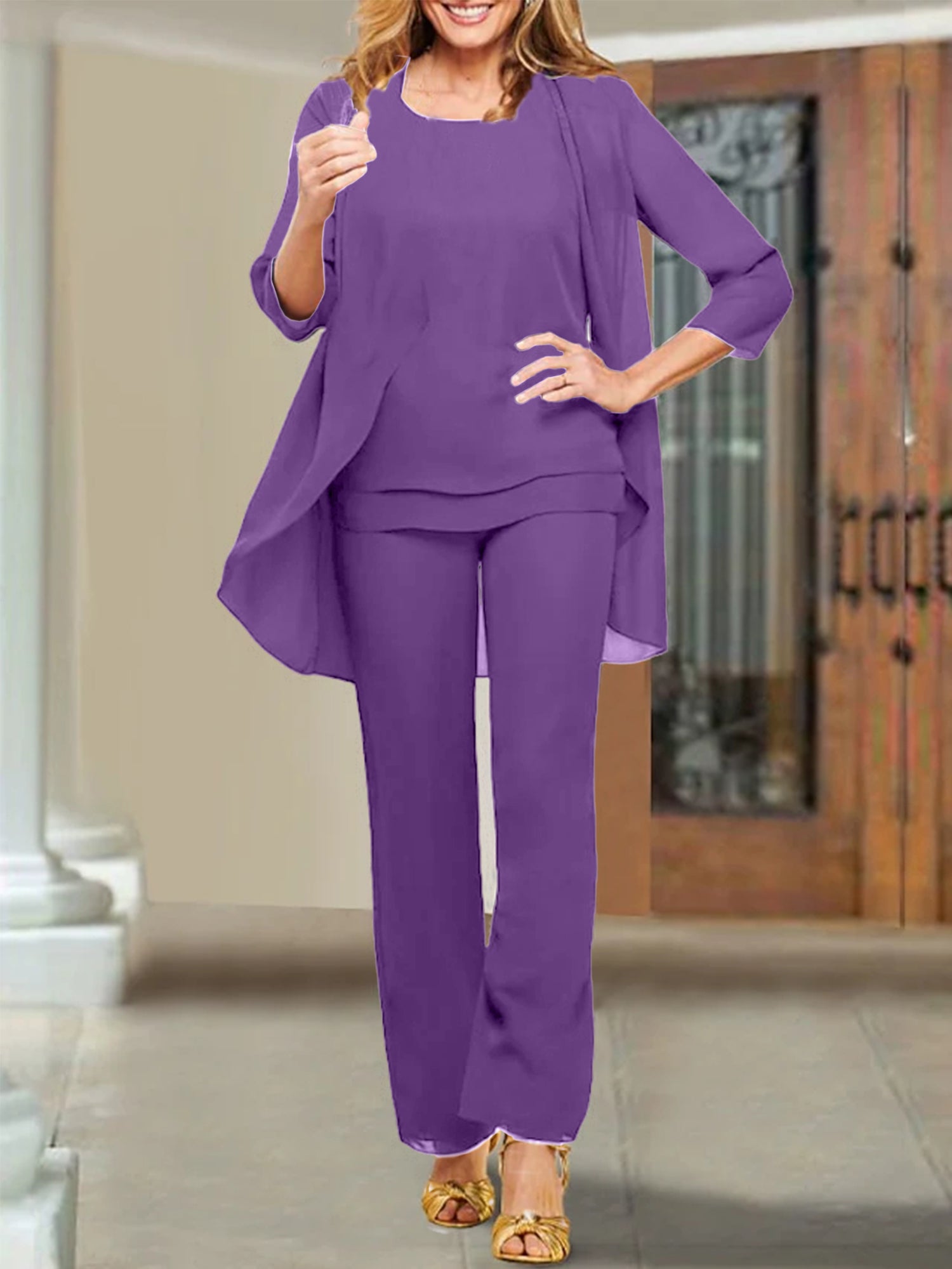 Trajes de pantalón para madre de la novia con escote redondo de gasa