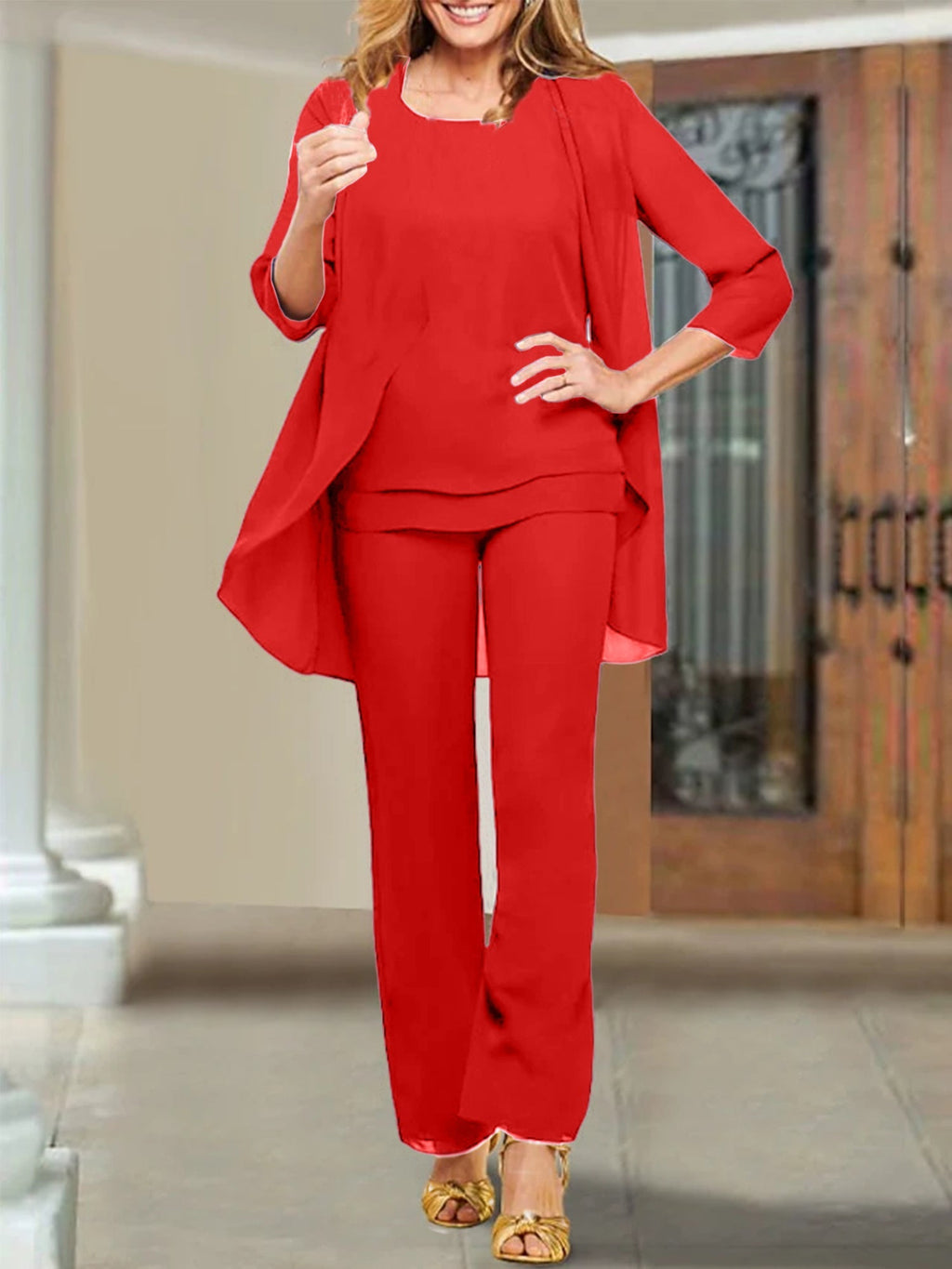Trajes de pantalón para madre de la novia con escote redondo de gasa