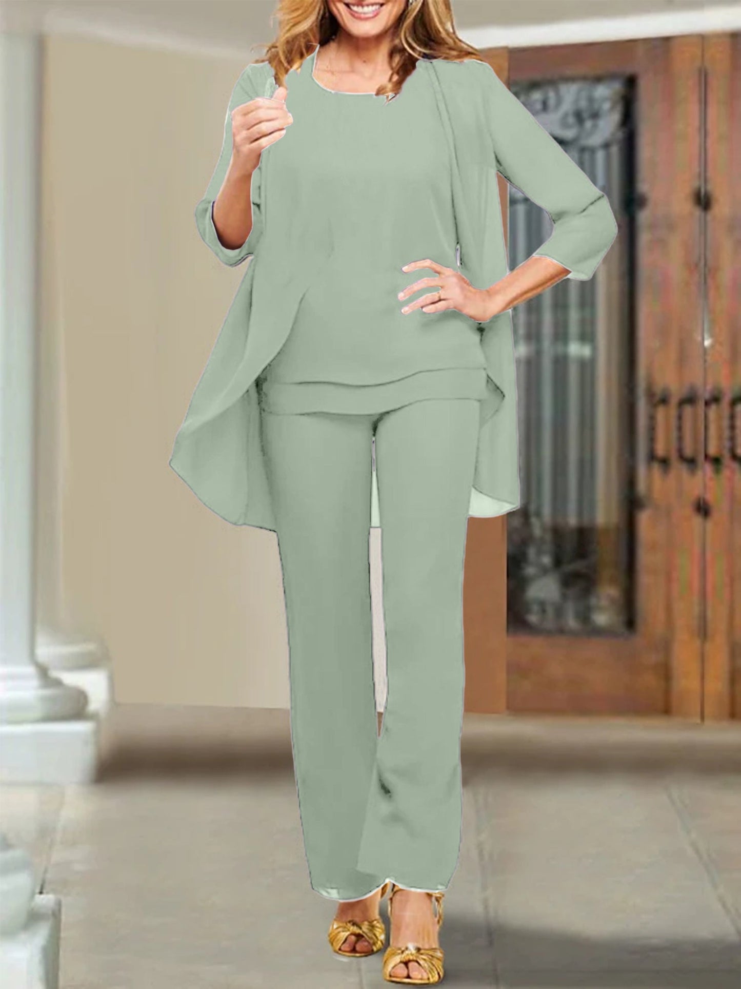 Chiffon-Hosenanzüge mit U-Ausschnitt für die Mutter der Braut 