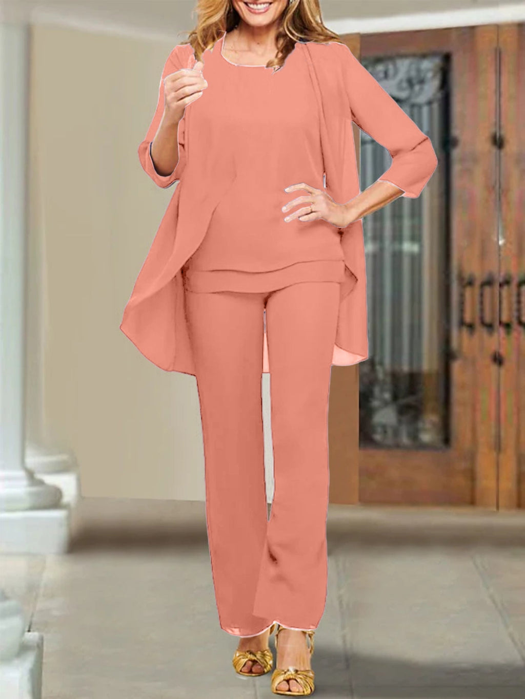 Trajes de pantalón para madre de la novia con escote redondo de gasa
