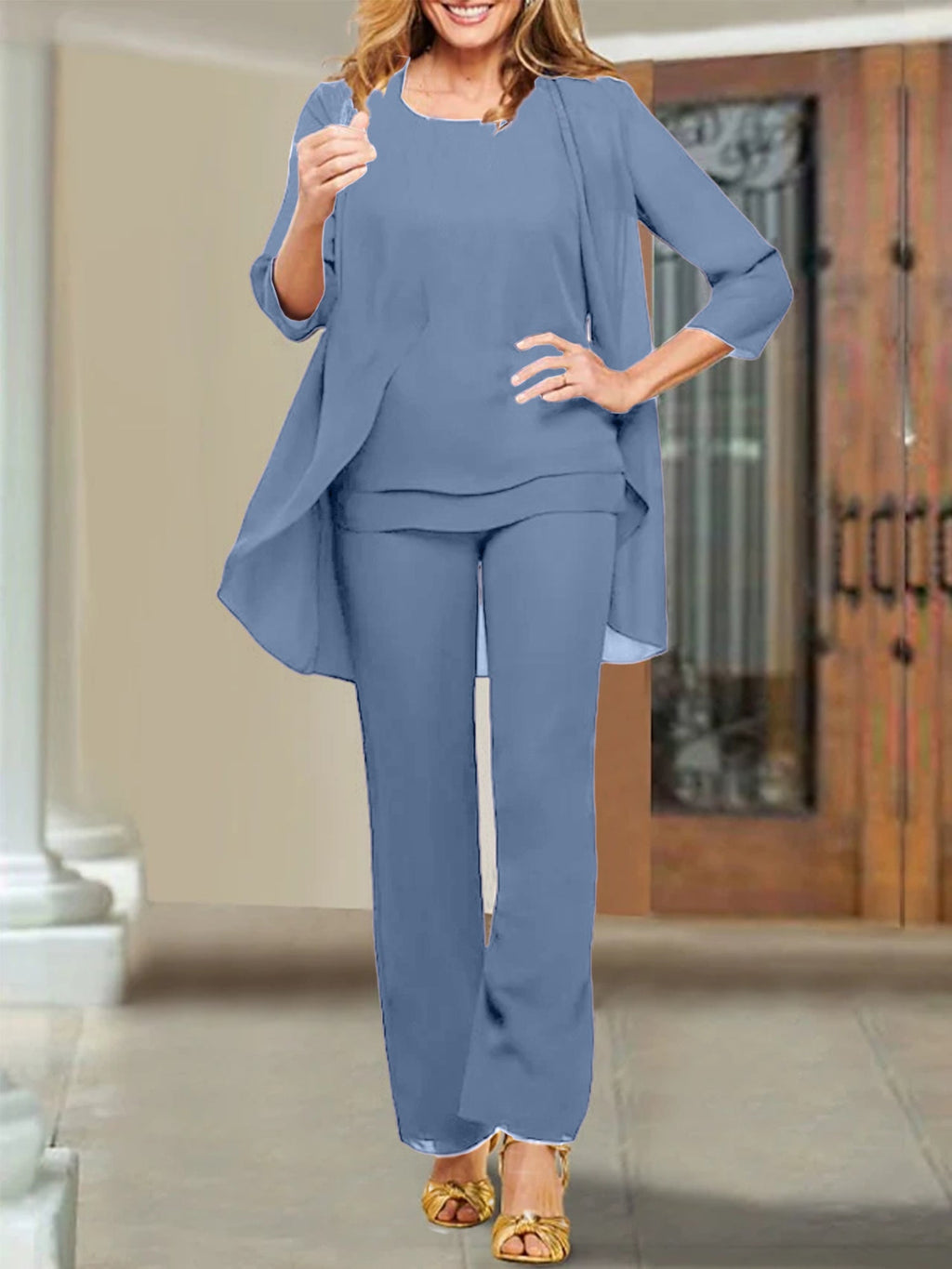 Trajes de pantalón para madre de la novia con escote redondo de gasa